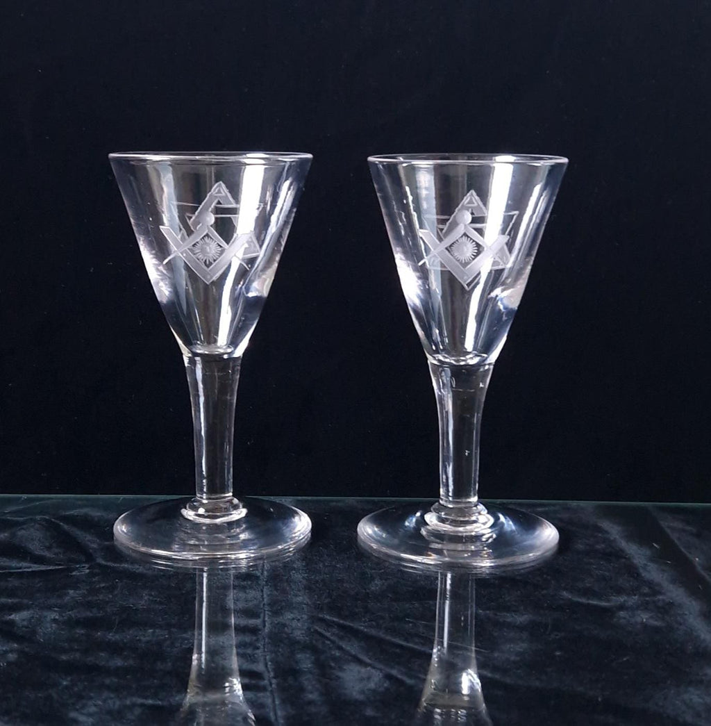 Antique Masonic Port Wine Glasses: 19th Century Engraved Crystal Pair