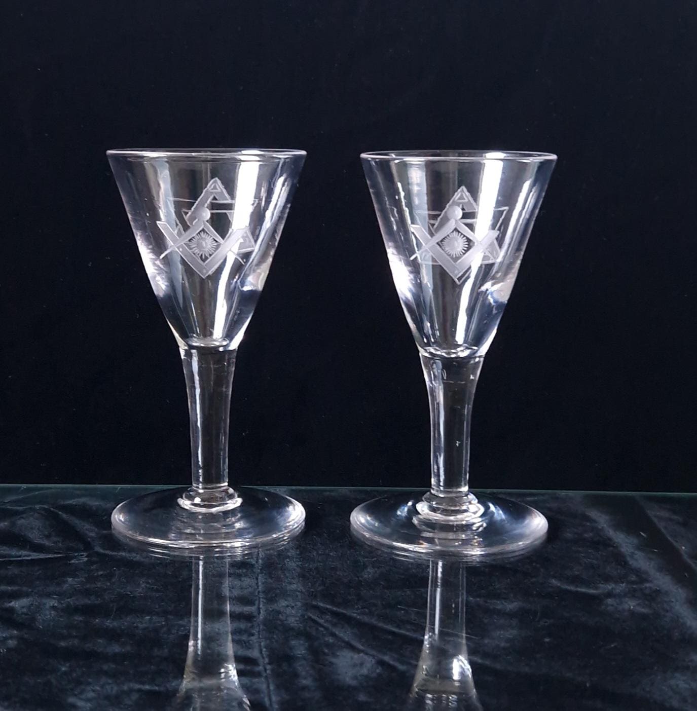 Antique Masonic Port Wine Glasses: 19th Century Engraved Crystal Pair