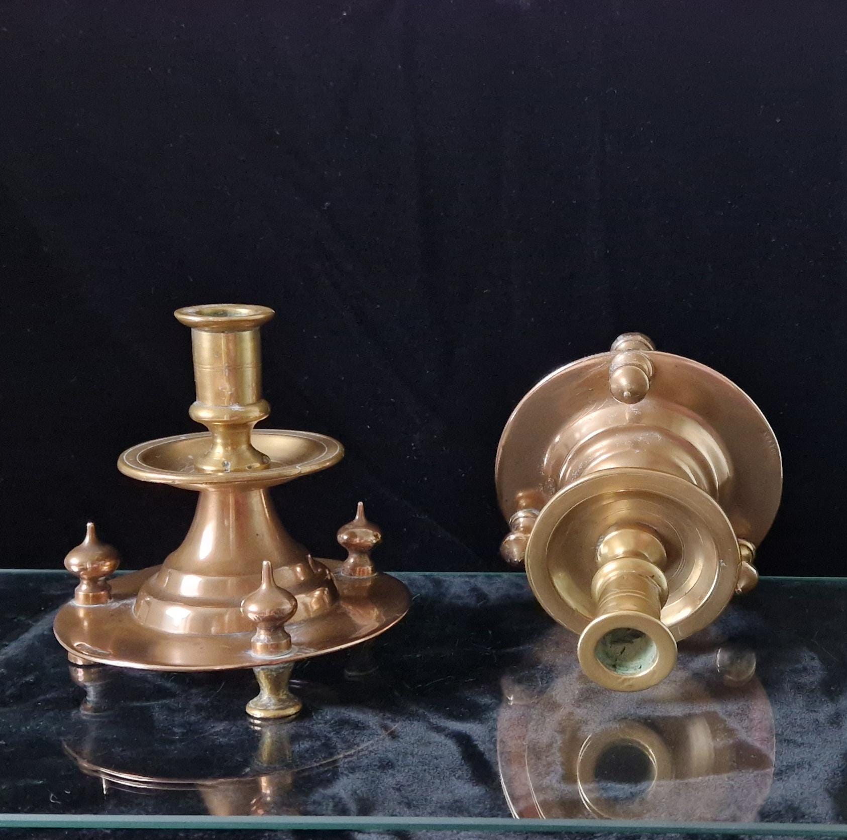 Pair of 19th Century Judin Signed Czarist Era Russian Bronzed Sabbath Bun Footed Capstan Candle Holders.