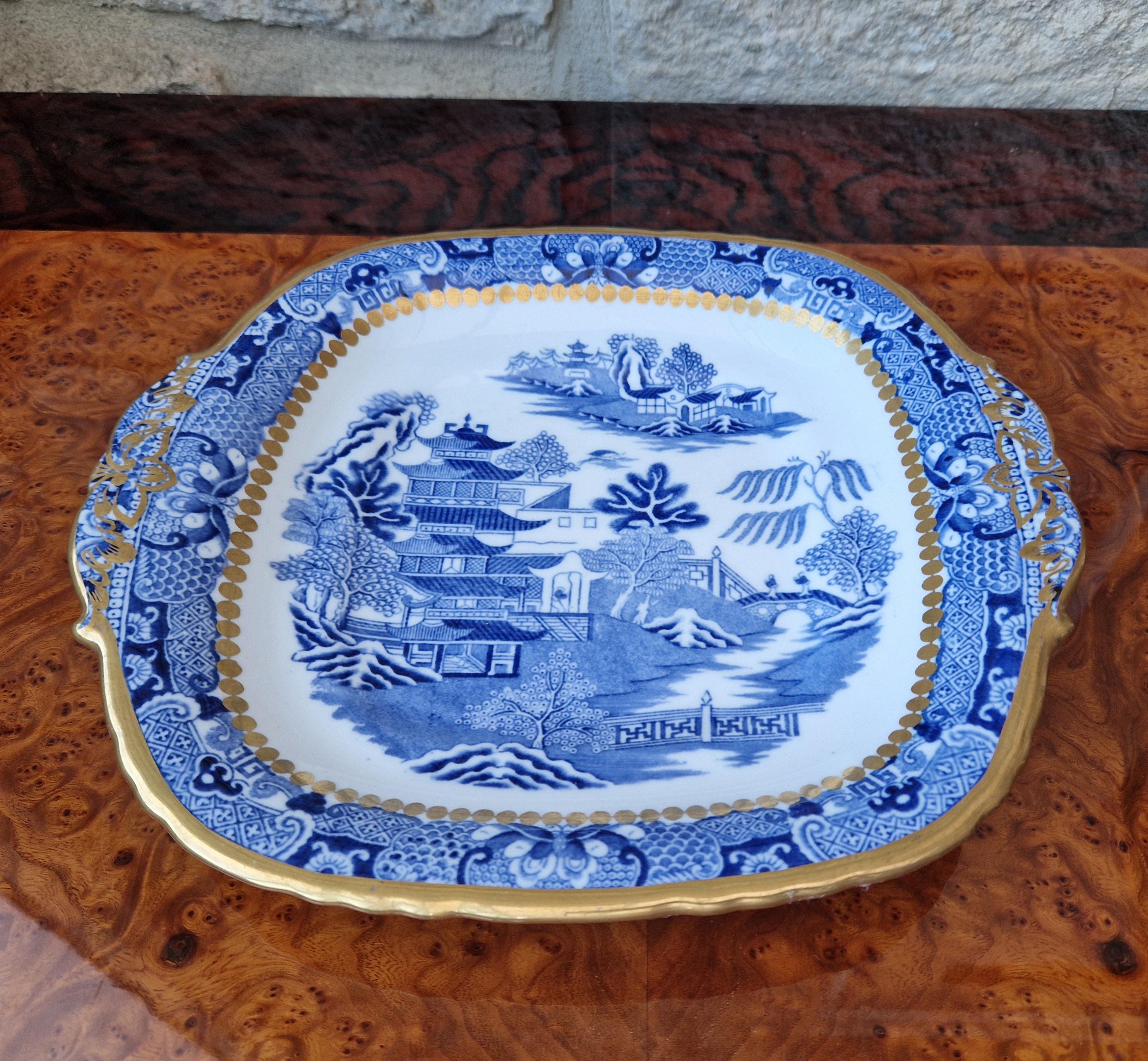 Davenport Longport England Blue & White Gilt Two Temples Porcelain Handle Platter c.1870-1886