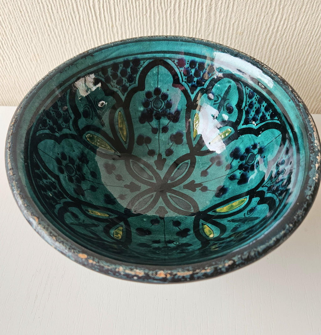 Vintage SAFI, Morocco: Earthenware Footed Bowl turquoise Patterned Signed