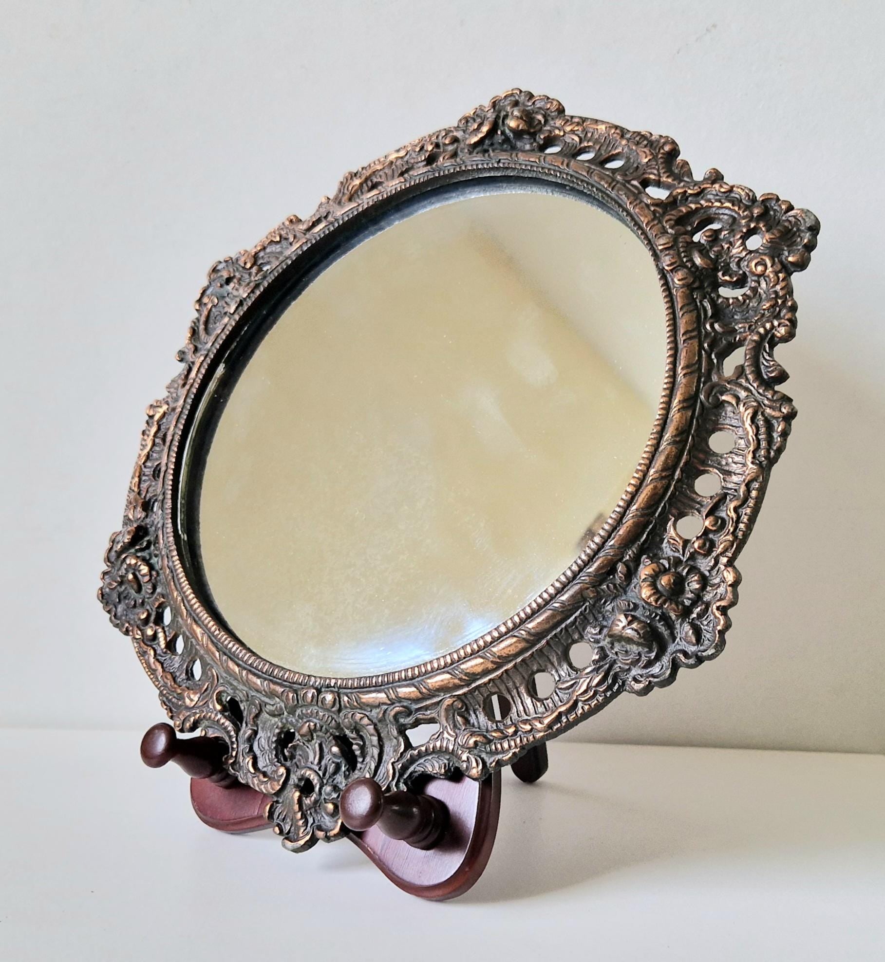 Antique Art Nouveau Heavy Cast Copper Metal Ornate Floral Rococo Round Wall Mirror 31cm