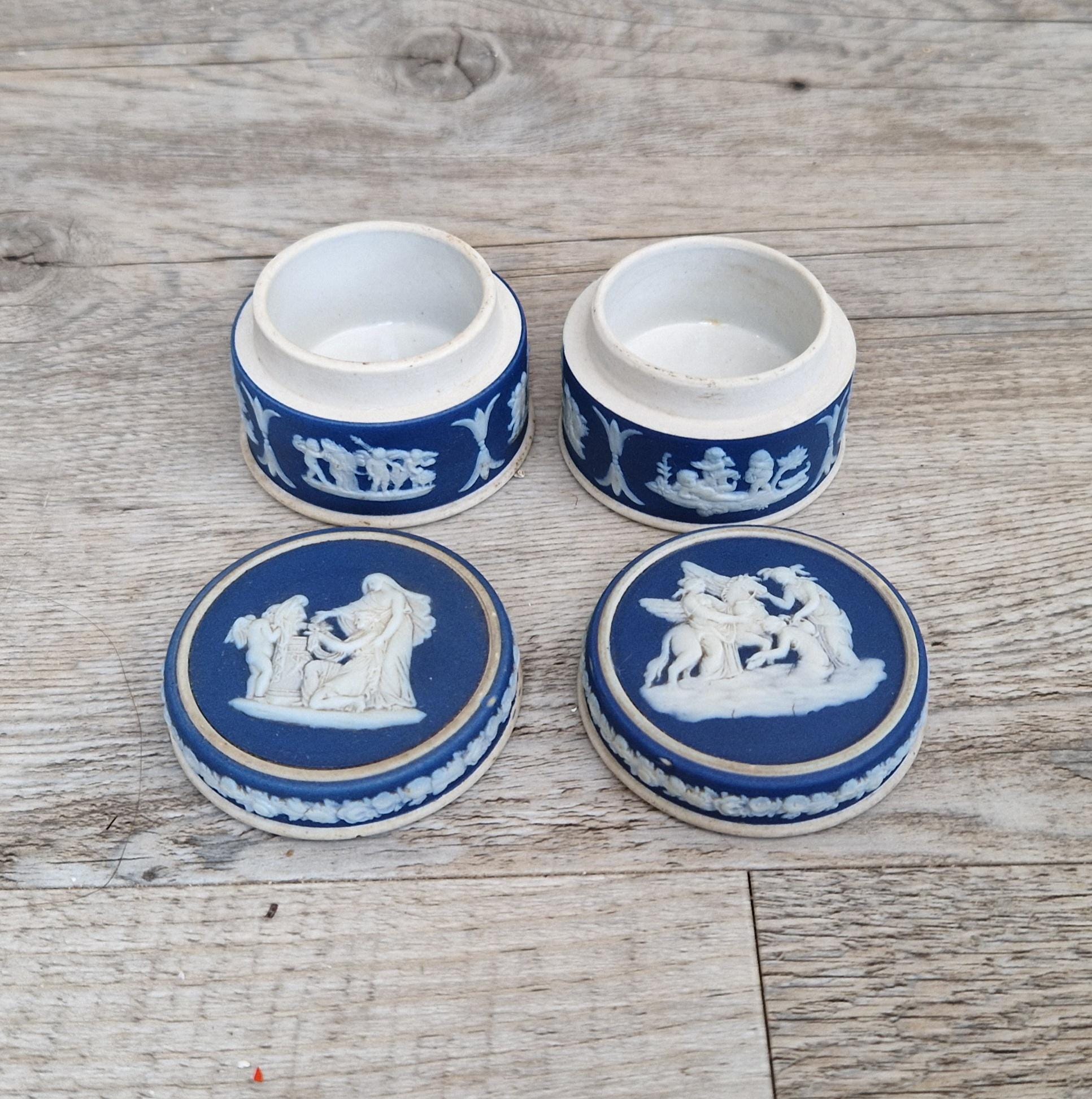 2 x Antique Wedgwood Neoclassical Dark Blue Jasperware Rouge Pot Patch Pot
