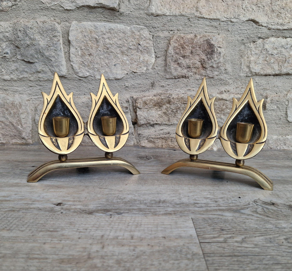 A Pair of Vintage Judaica Sabbath Double Flame Brass Candlestick Holders by Hen-Holon