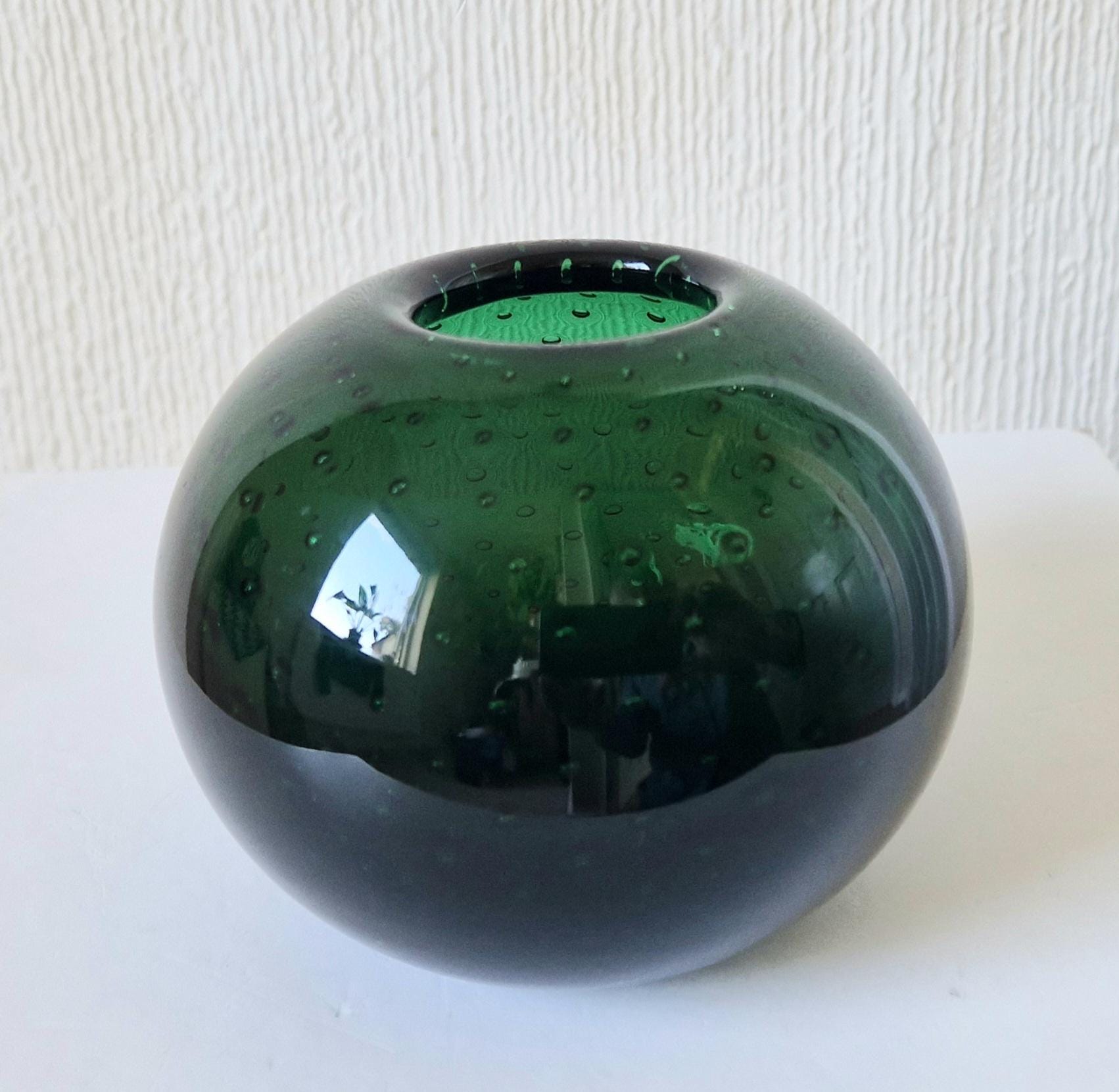 WMF Designed By Walter Drexel 'Perlora' Dark Green Orb Bubble Glass Vase 1960's