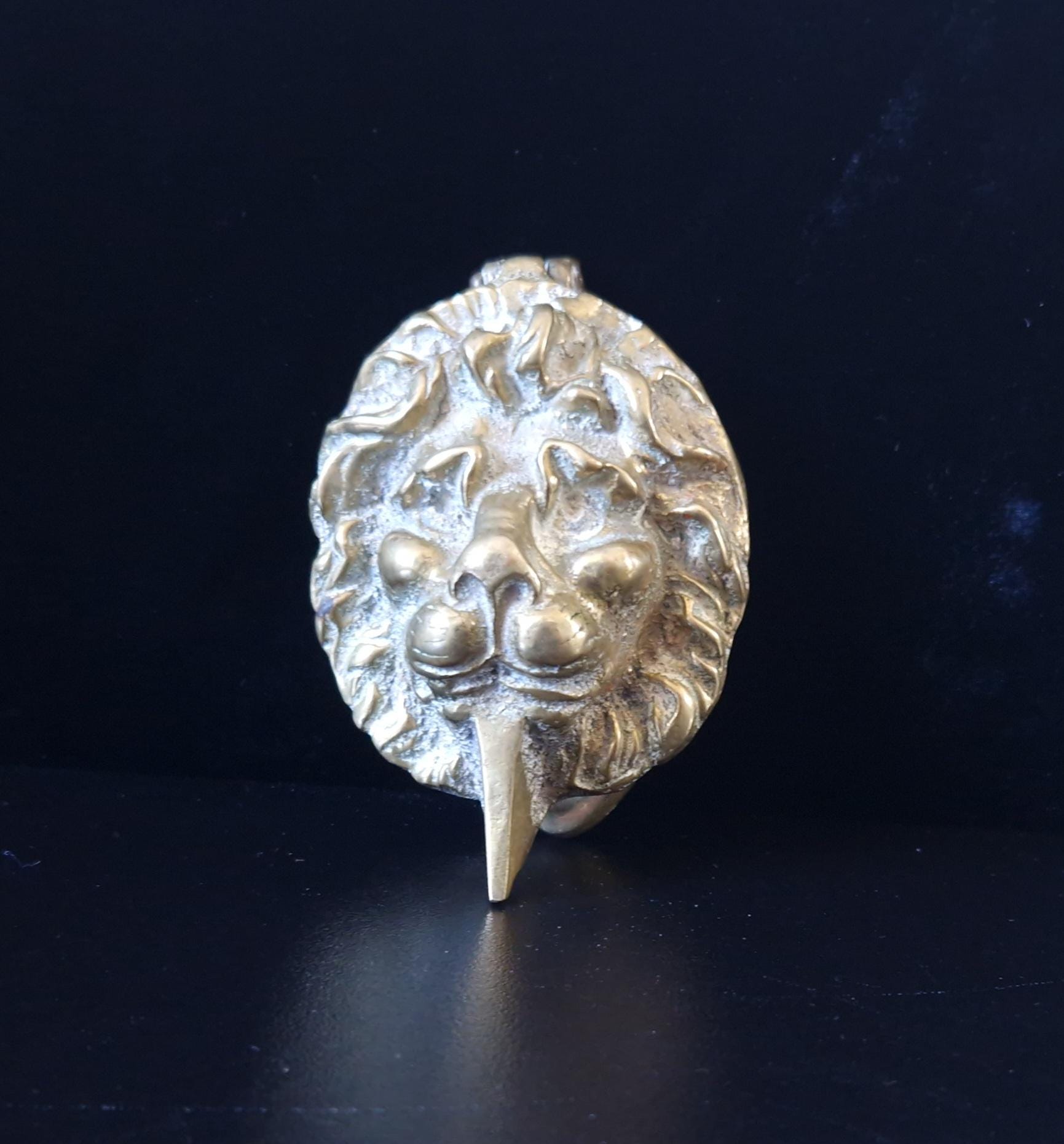 Vintage Heavy Cast Brass Small Lion Head Door Knocker 10cm