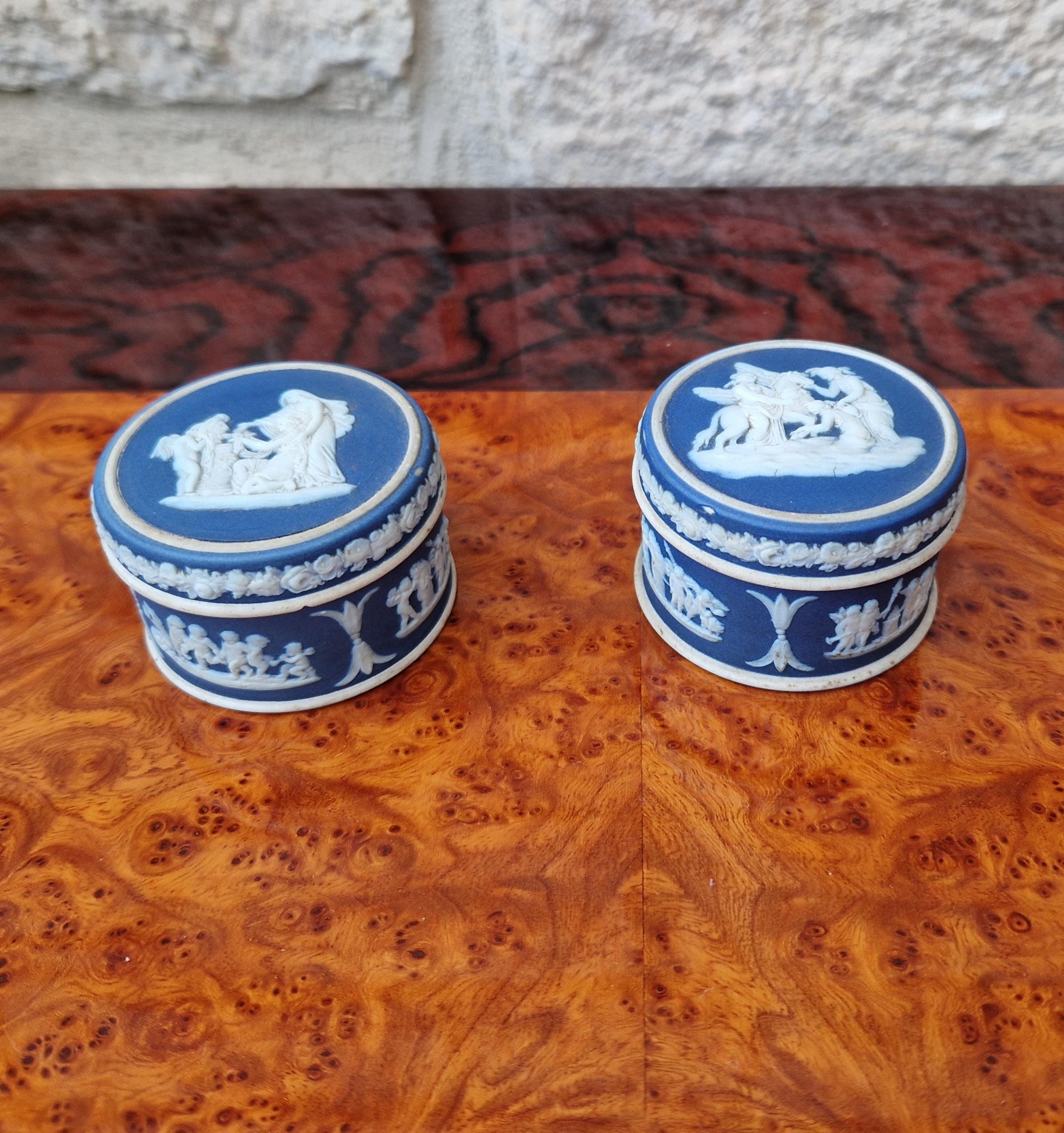 2 x Antique Wedgwood Neoclassical Dark Blue Jasperware Rouge Pot Patch Pot