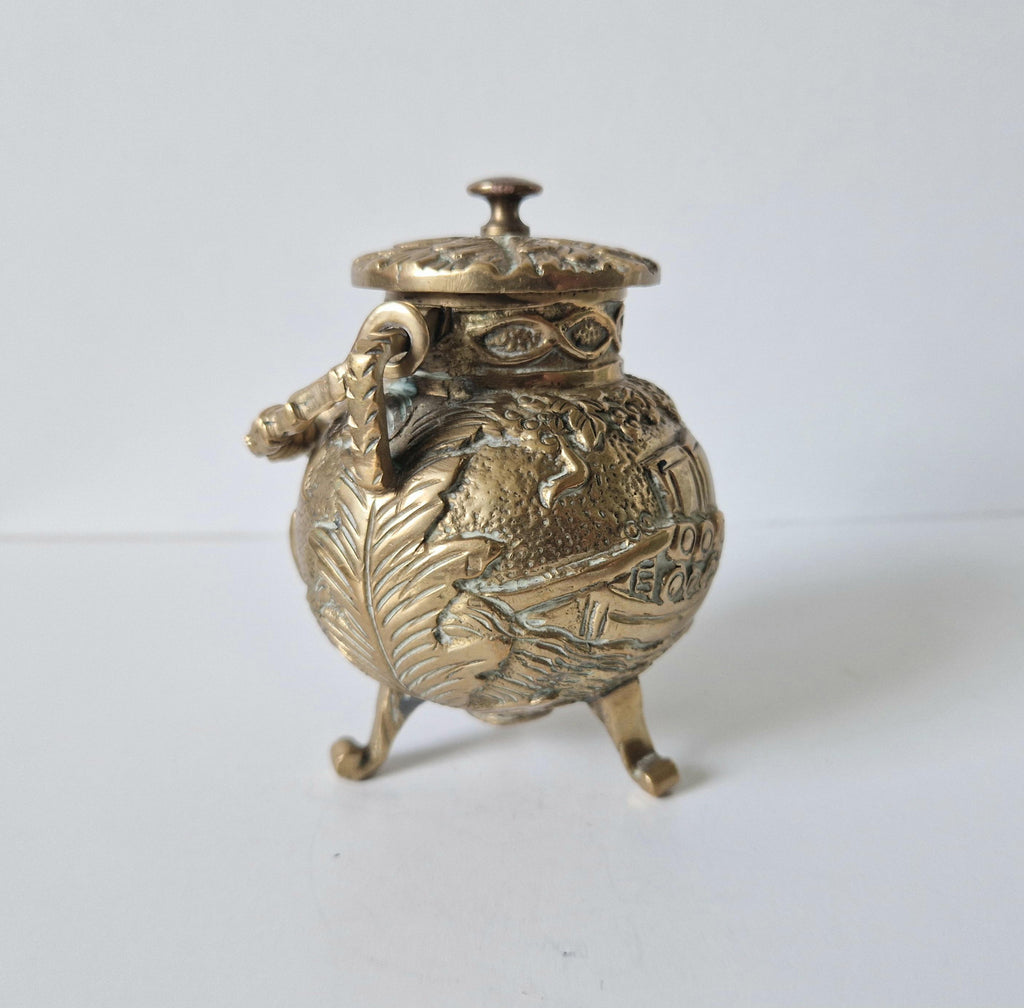 Antique Solid Brass Ornate Tri-Footed Cauldron With Handle Trinket Box