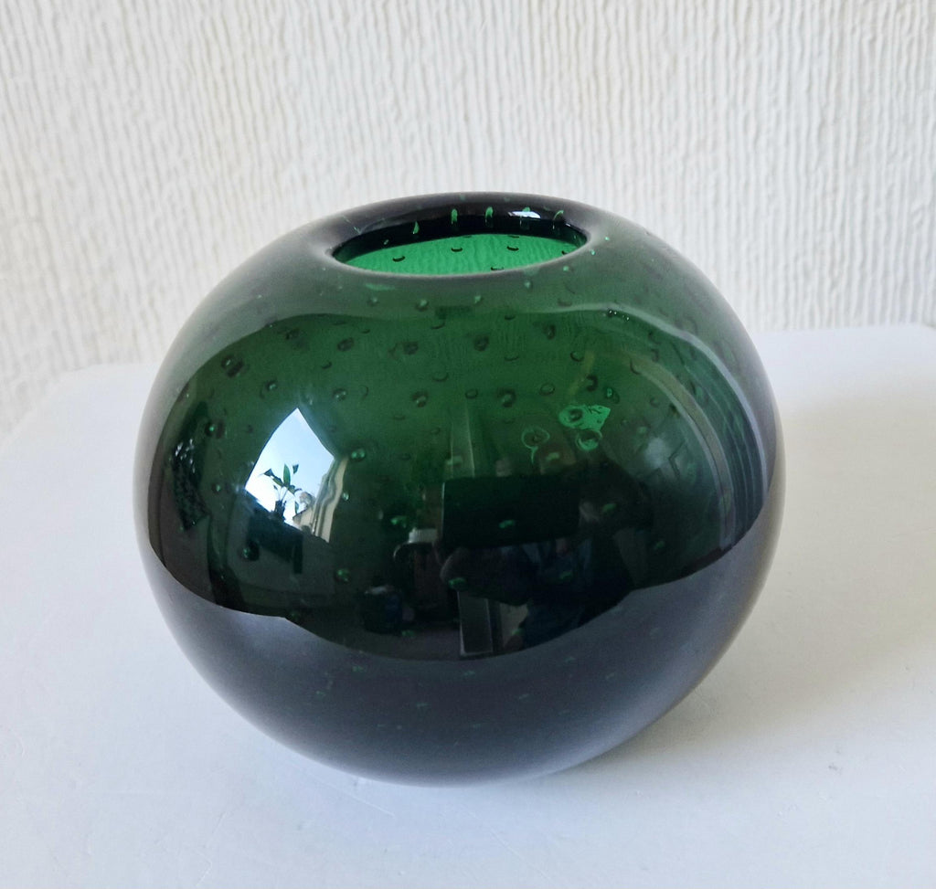 WMF Designed By Walter Drexel 'Perlora' Dark Green Orb Bubble Glass Vase 1960's