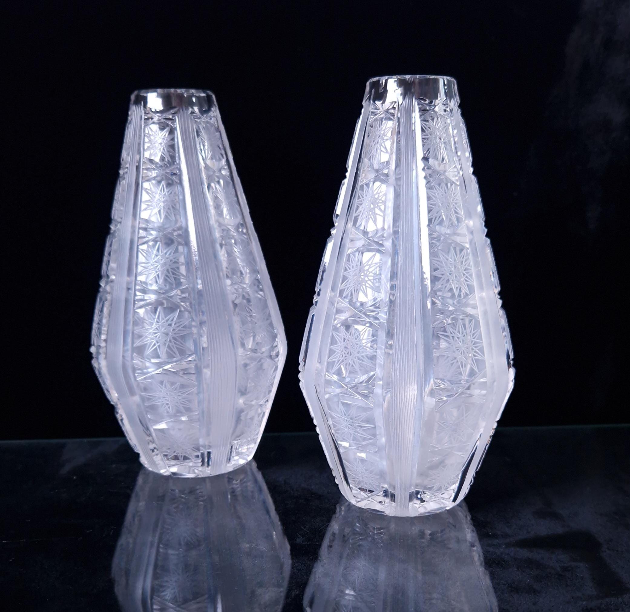 Antique Bohemian Crystal Vases: Queen Anne Lace Cut, Pair