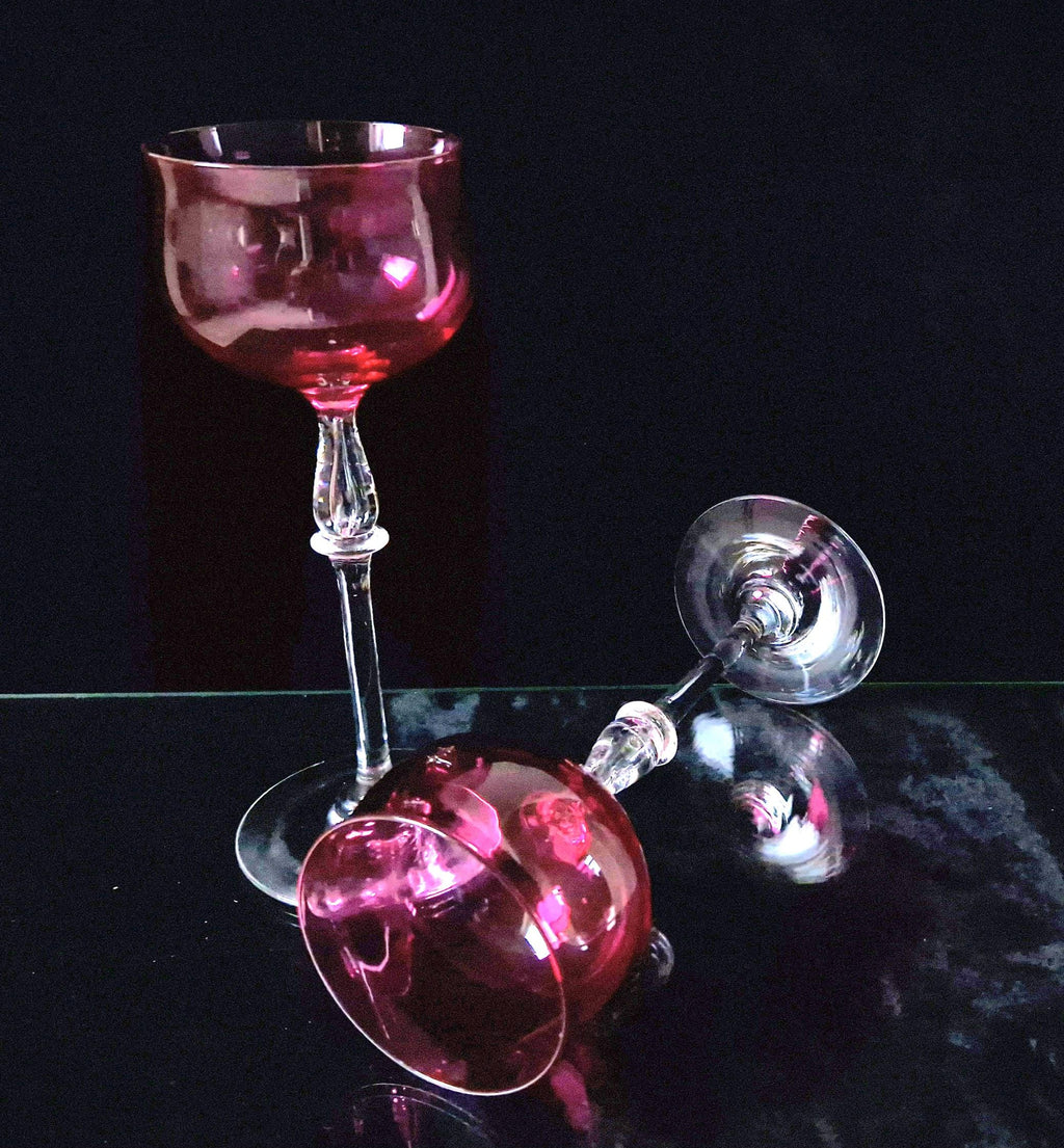 Art Nouveau Cranberry Wine Glasses: French 'Nancy' Airtear Stem, c.1910 (Set of 2)