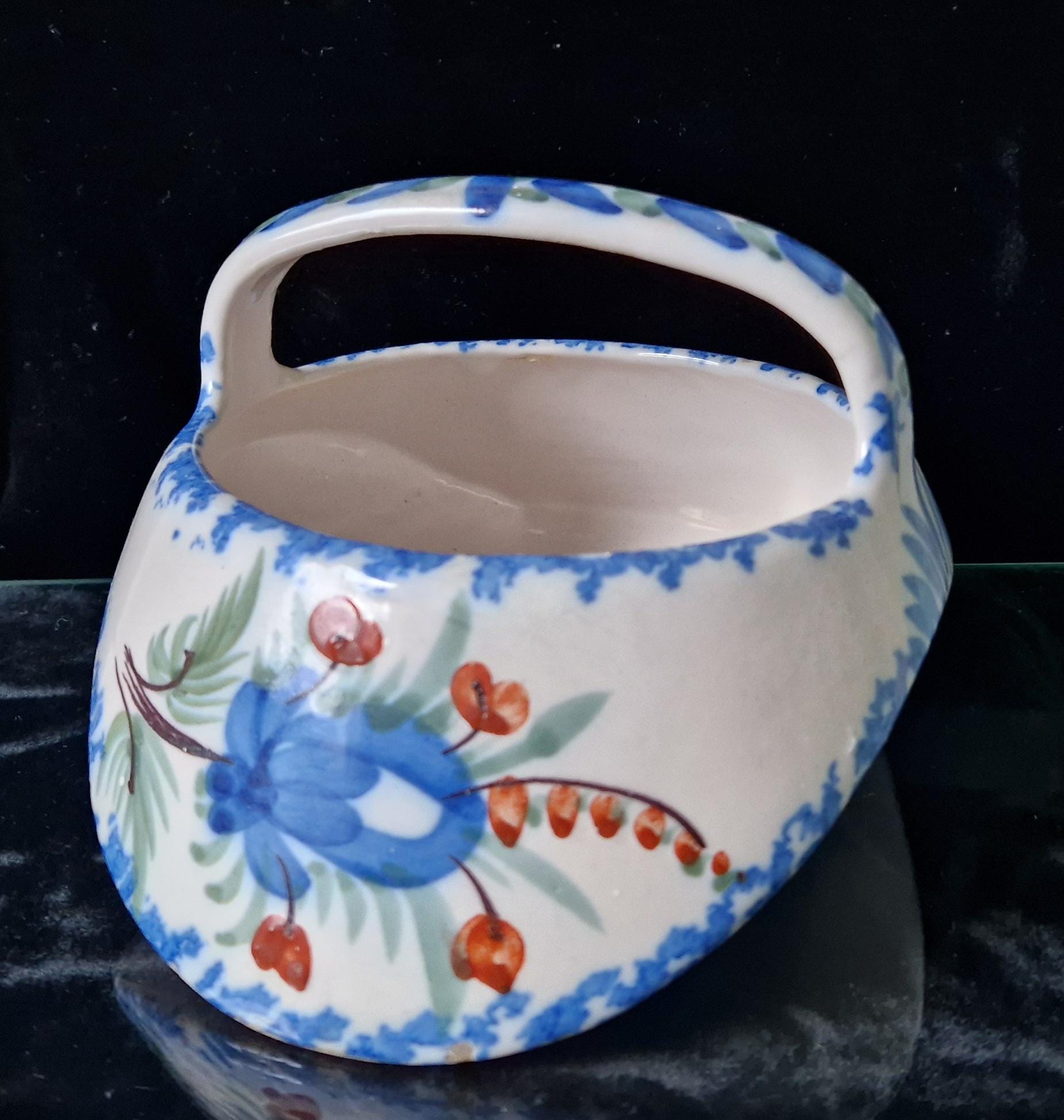 Antique Quimper Faience Floral Basket Vase Ornament - 18cm Decorative Basket France