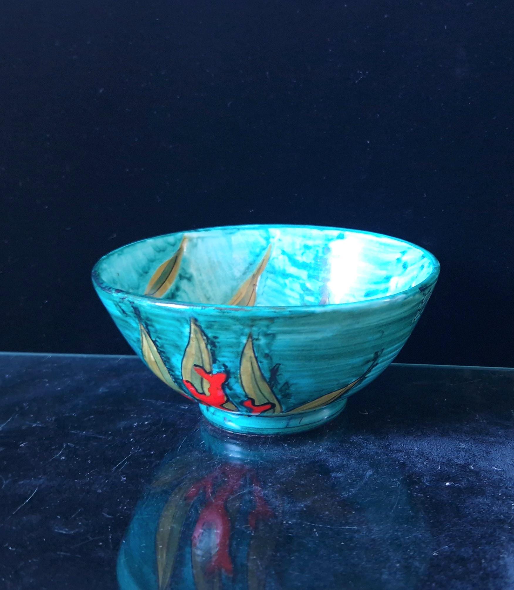 Vintage Turquoise Italian Elba Ceramic Small Footed Dish with Fish Decoration
