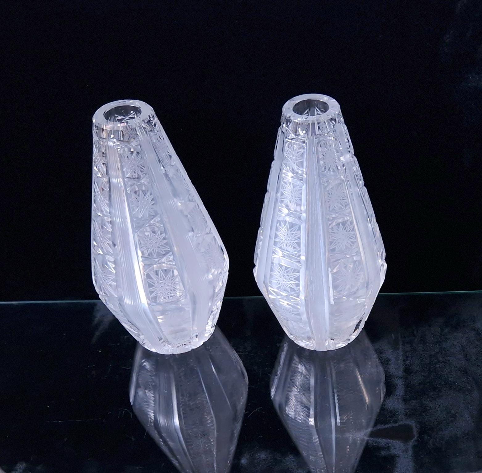 Antique Bohemian Crystal Vases: Queen Anne Lace Cut, Pair