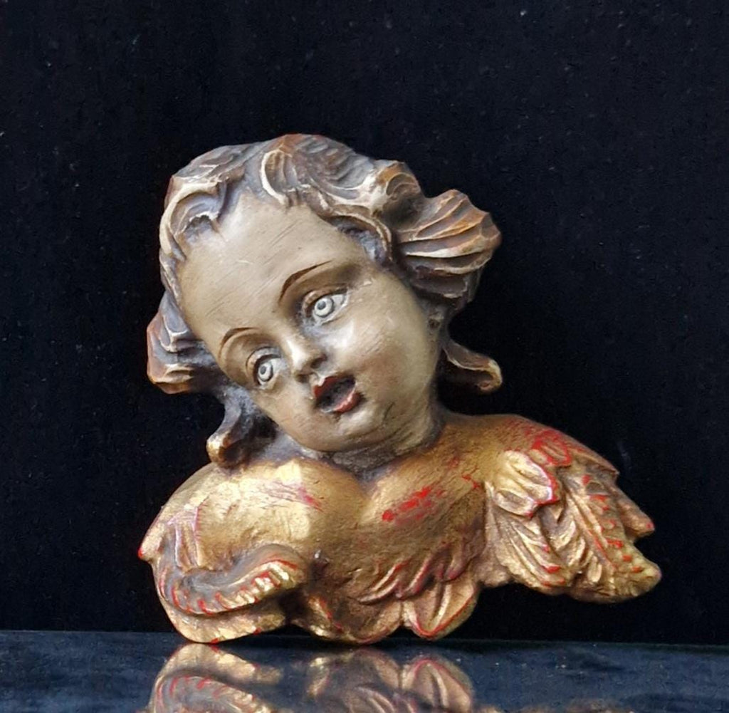 Antique Carved Polychrome Putti Cherub Bust Painted & Gilded Continental 19th C. Artwork