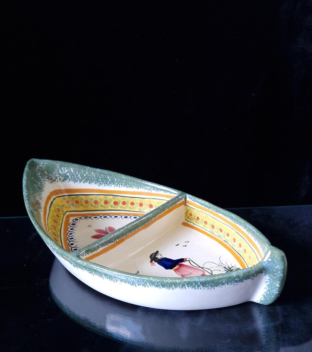 Vintage Henriot Quimper Faience Ceramic Boat Shape Divided Serving Dish