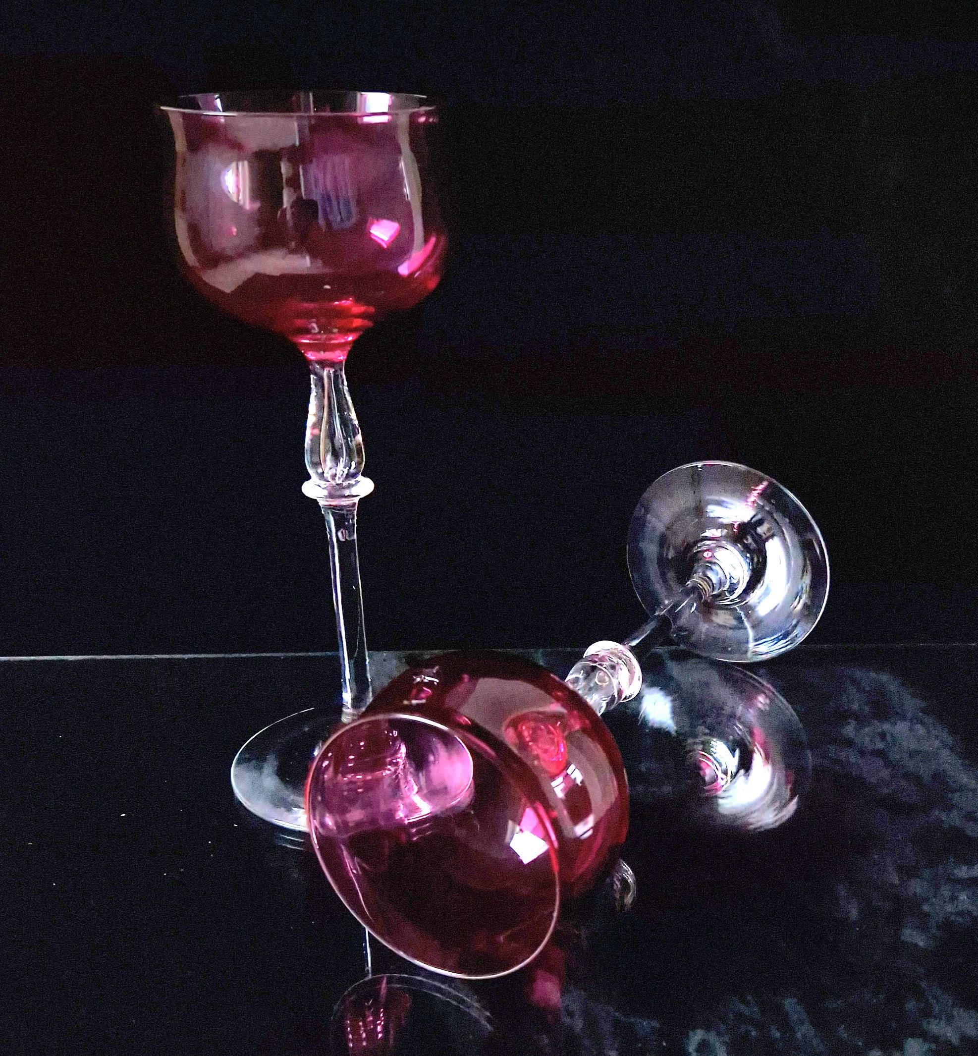 Art Nouveau Cranberry Wine Glasses: French 'Nancy' Airtear Stem, c.1910 (Set of 2)