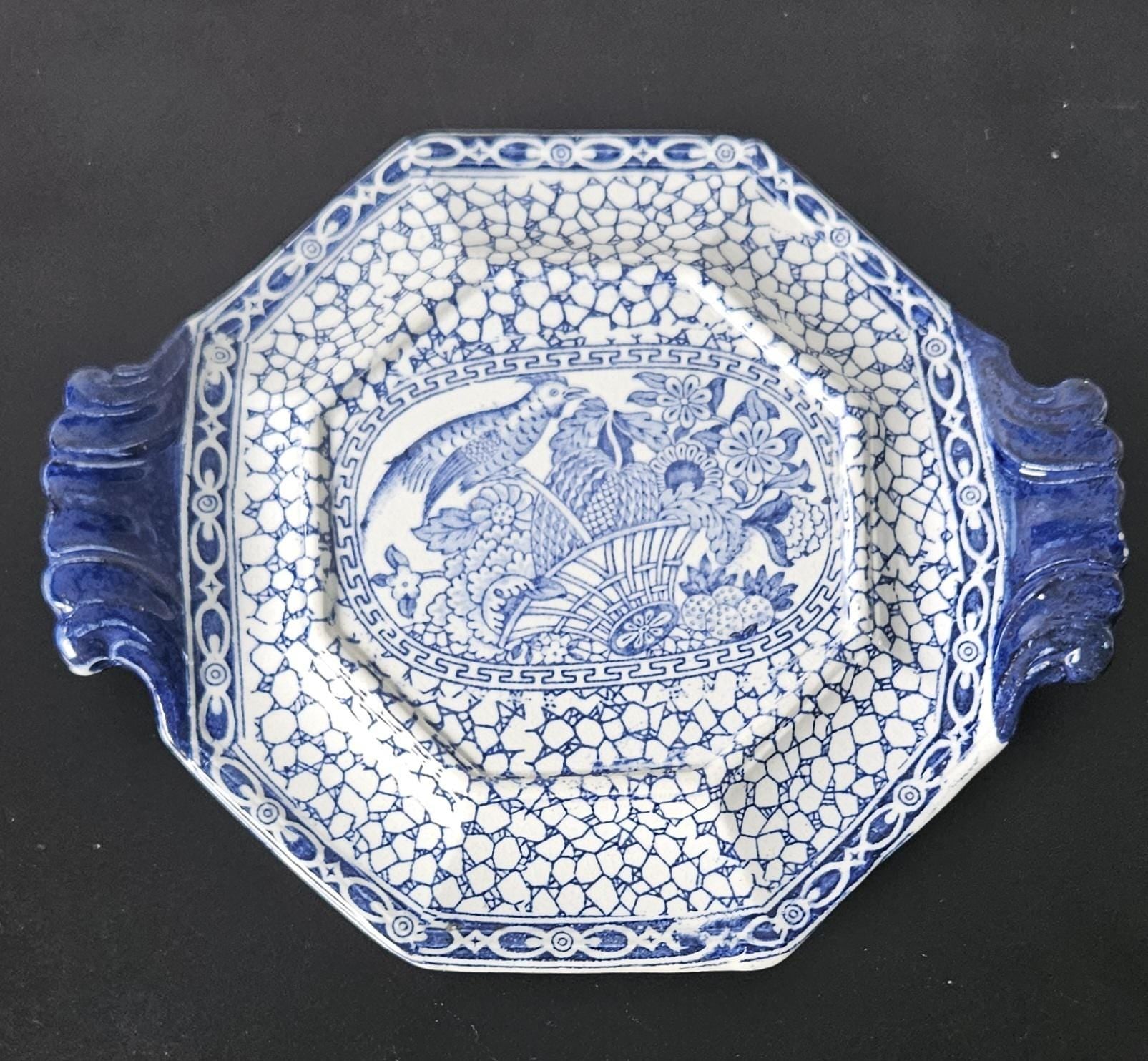 Vintage Blue White Decorative Trivet Stand Chinese Bird Pattern by William Adams Made in England 18cm X 21cm