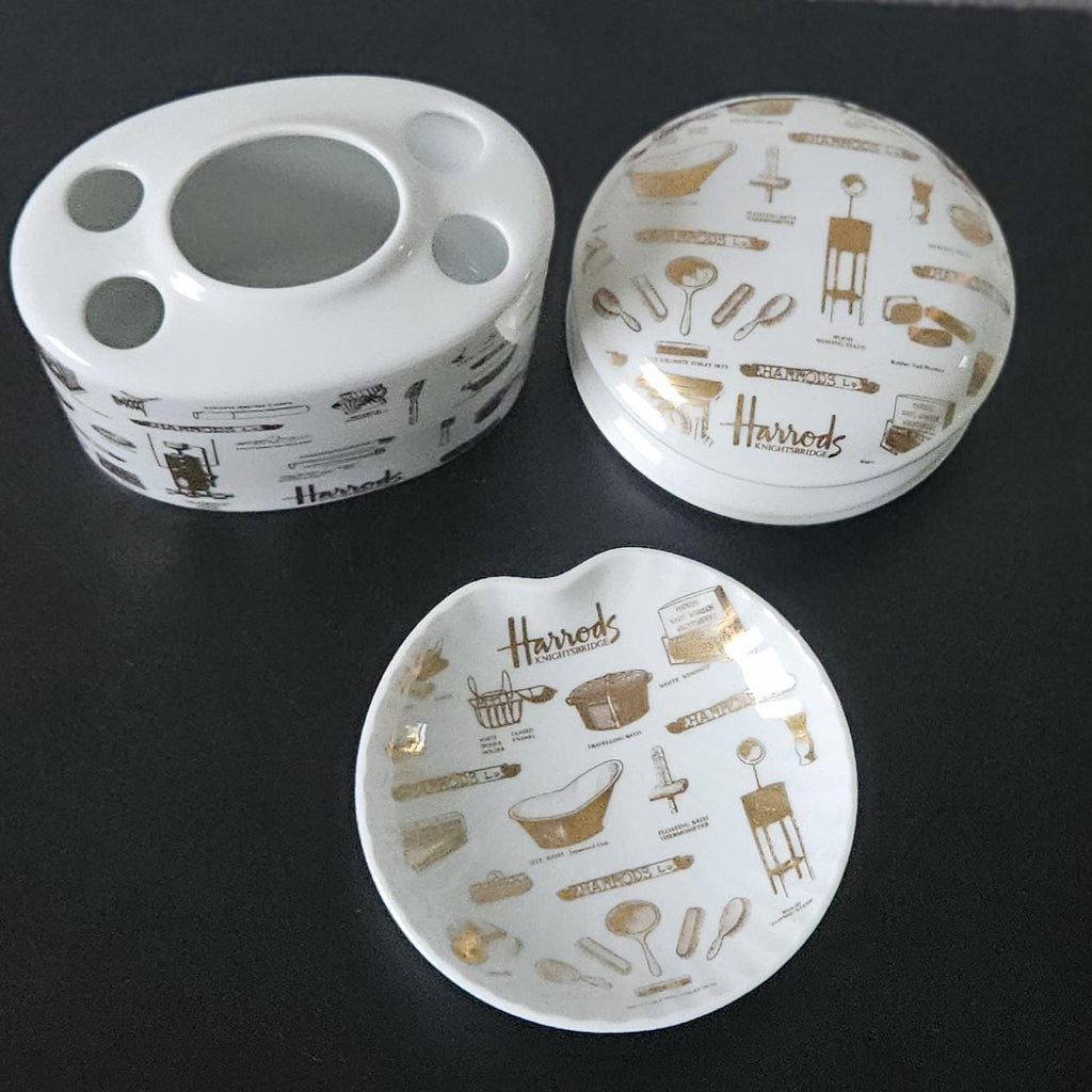 Harrods London Ceramic Bathroom Set Toothbrush Holder, Trinket Dish and Lidded Pot Boxed