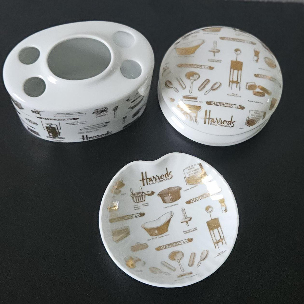 Harrods London Ceramic Bathroom Set Toothbrush Holder, Trinket Dish and Lidded Pot Boxed