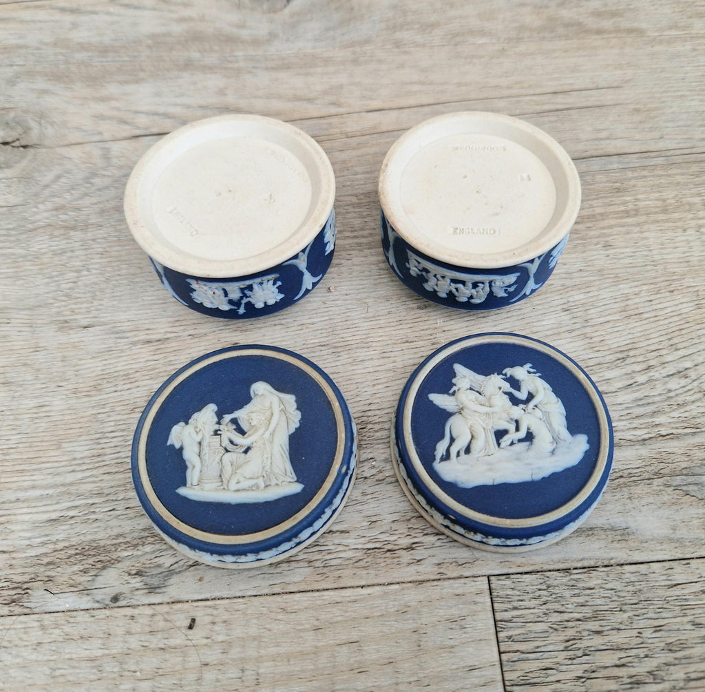 2 x Antique Wedgwood Neoclassical Dark Blue Jasperware Rouge Pot Patch Pot