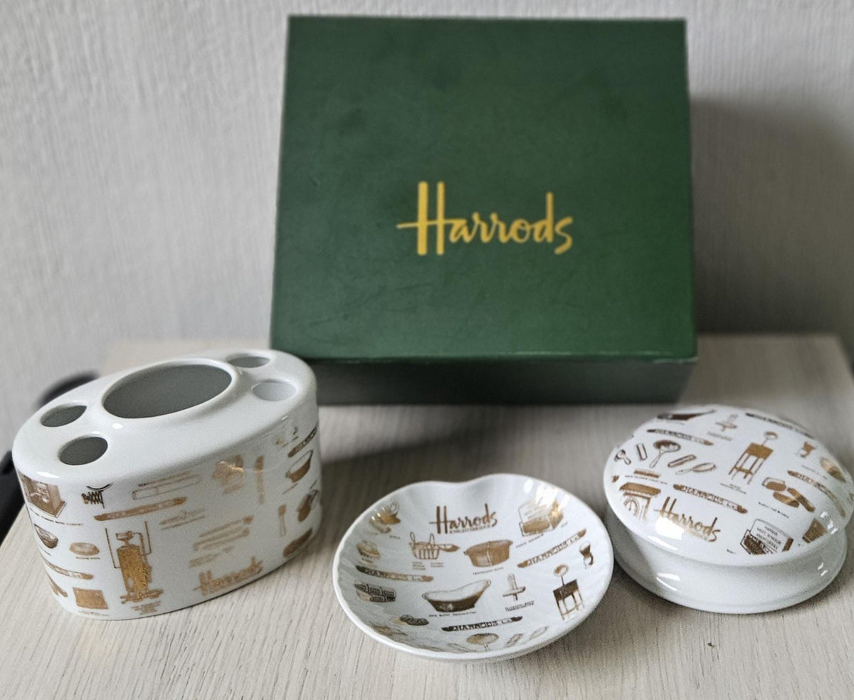 Harrods London Ceramic Bathroom Set Toothbrush Holder, Trinket Dish and Lidded Pot Boxed