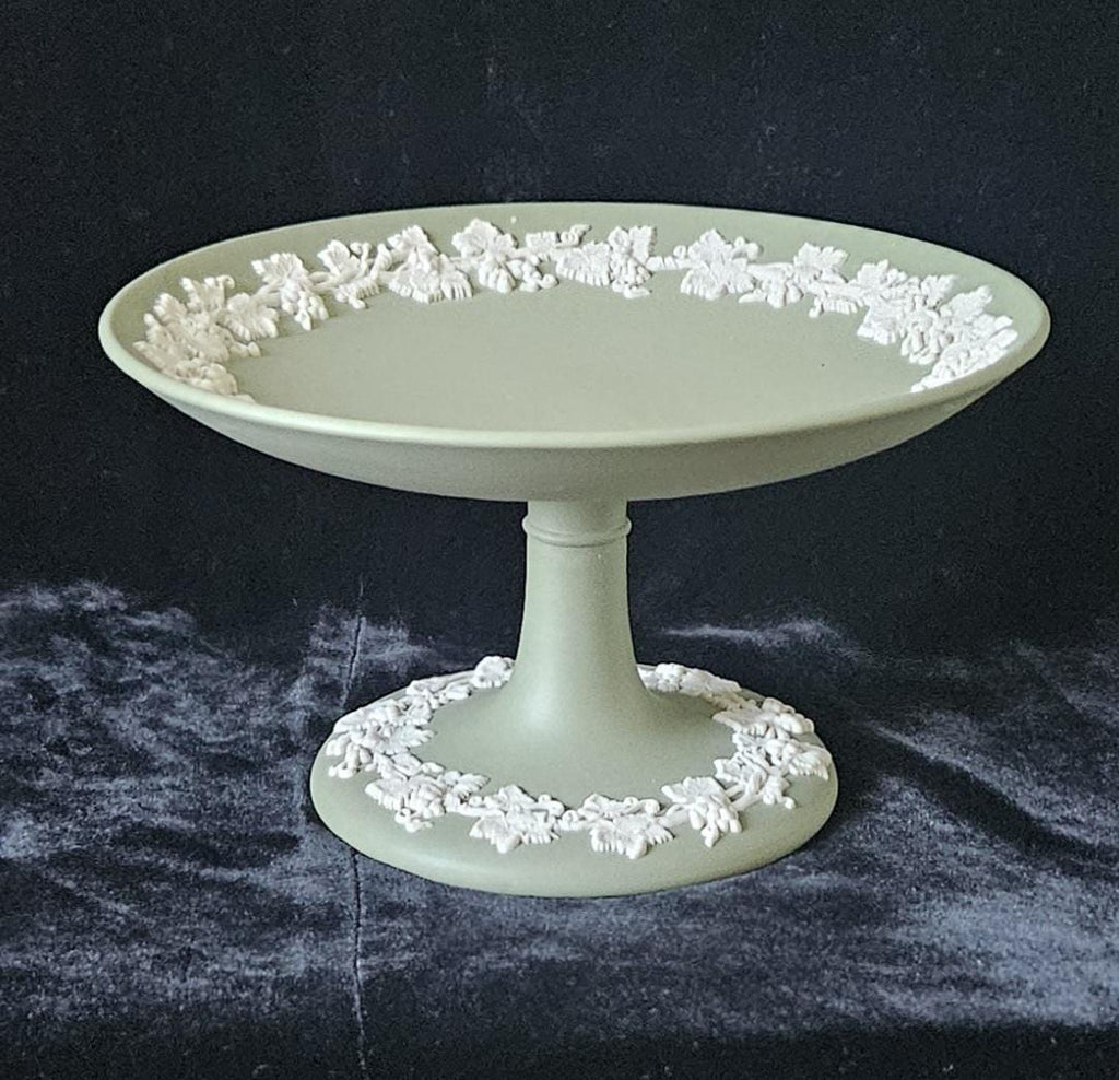 Vintage Wedgwood Sage Green Jasperware Pedestal Compote - Made in England