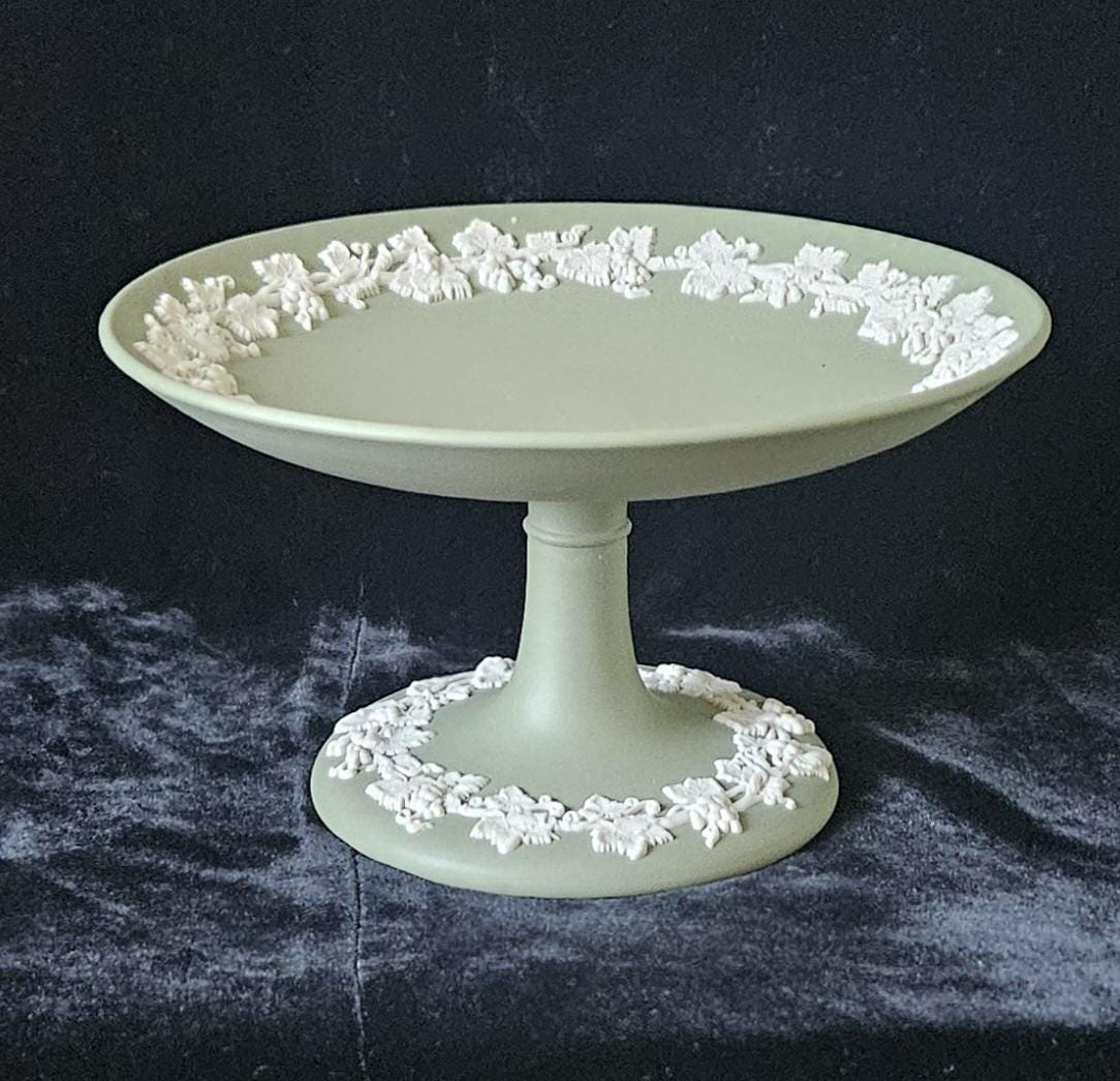 Vintage Wedgwood Sage Green Jasperware Pedestal Compote - Made in England