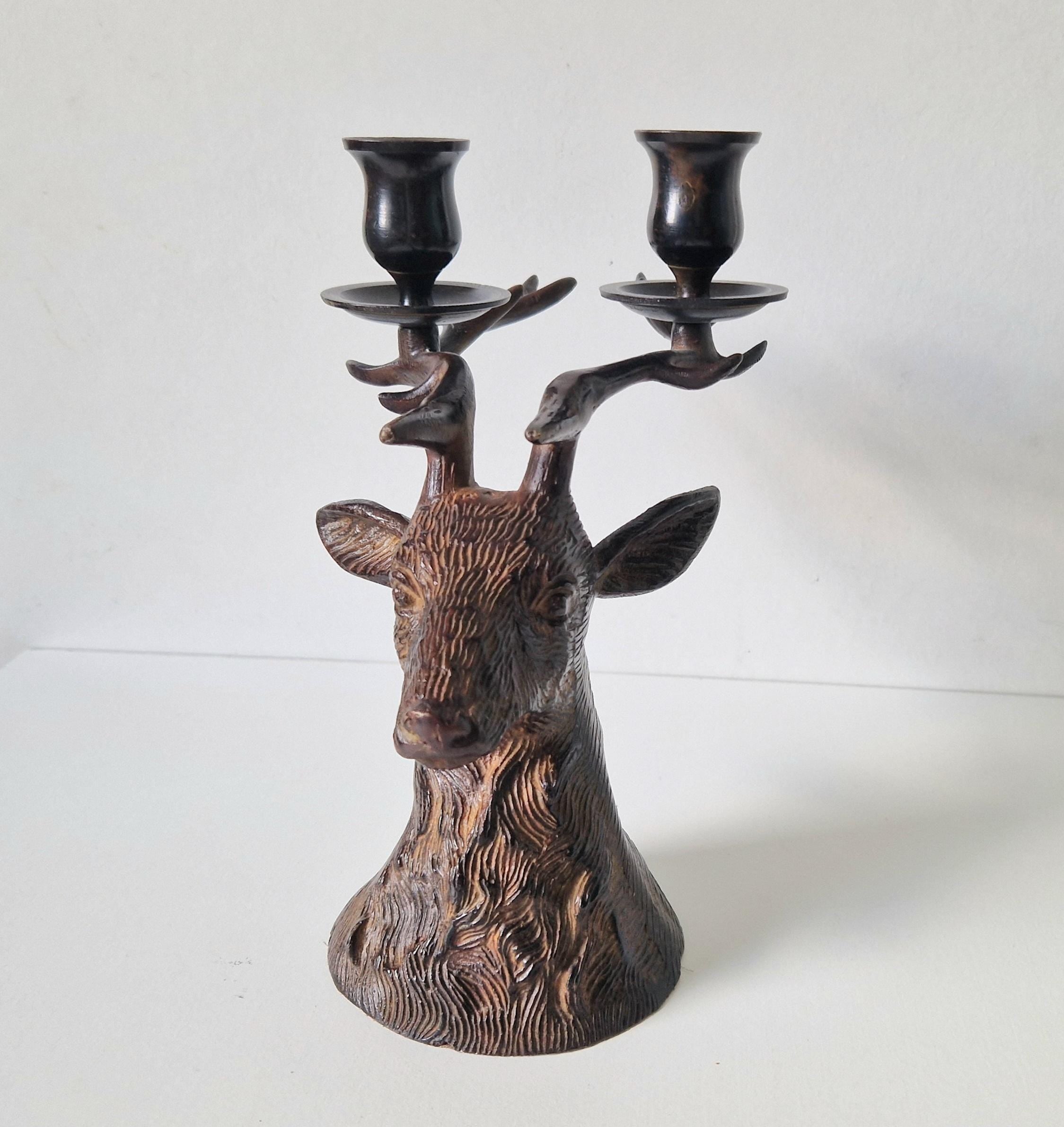 Vintage Patinated Bronze Stag Head Double Candle Holder