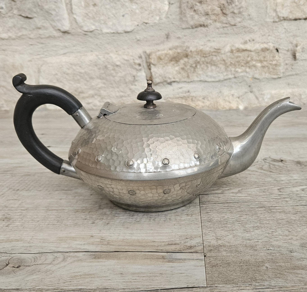 Vintage Arts and Crafts Hammered Pewter Teapot England Collectible British 1920s