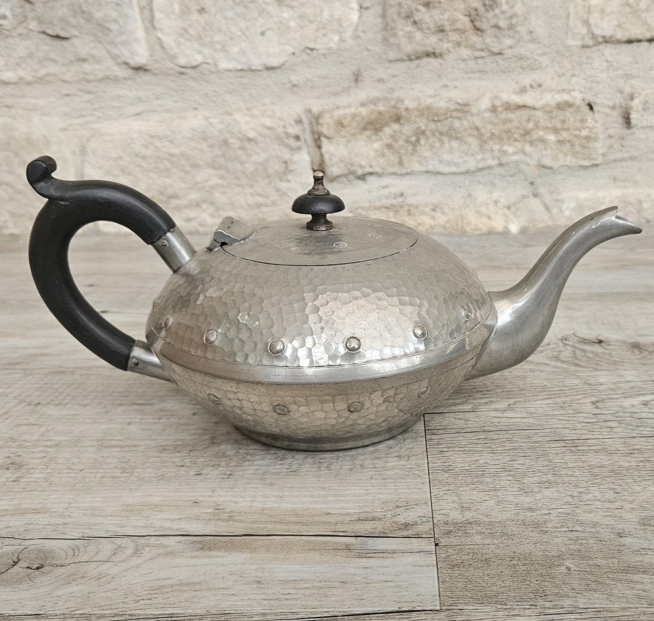Vintage Arts and Crafts Hammered Pewter Teapot England Collectible British 1920s