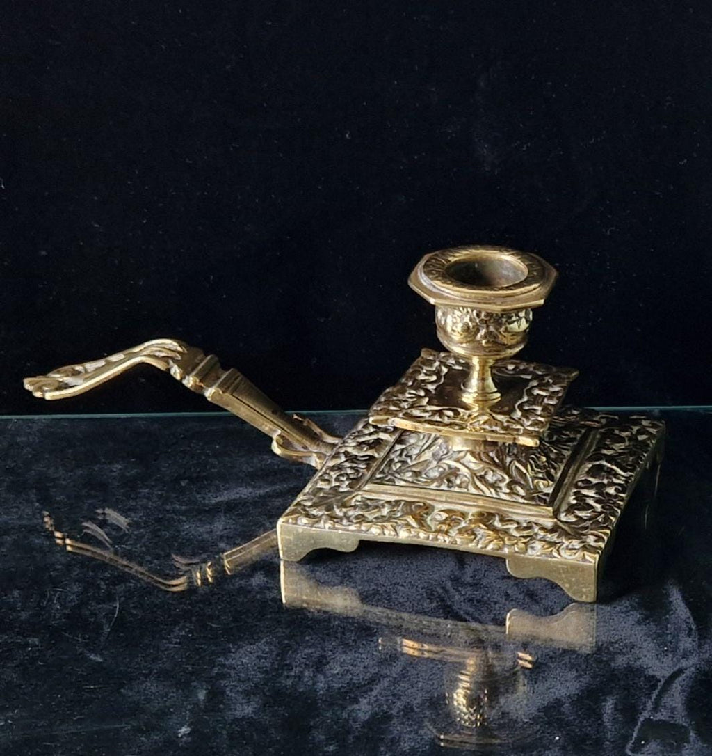 Fine French Antique Rococo Solid Brass Square Tiered Footed Chamberstick