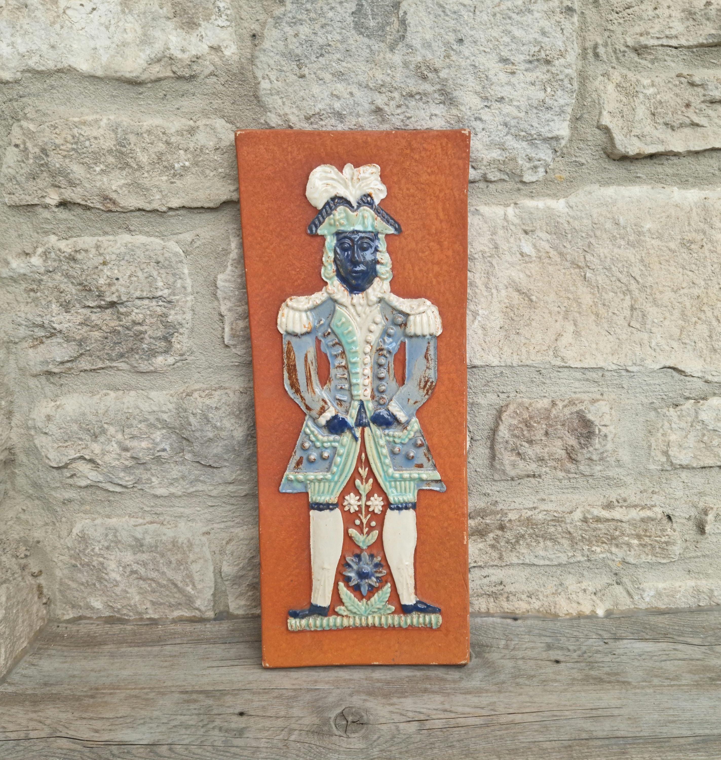 Vintage Large Mid-Century Continental Figural Glazed Ceramic Art Tile Plaque