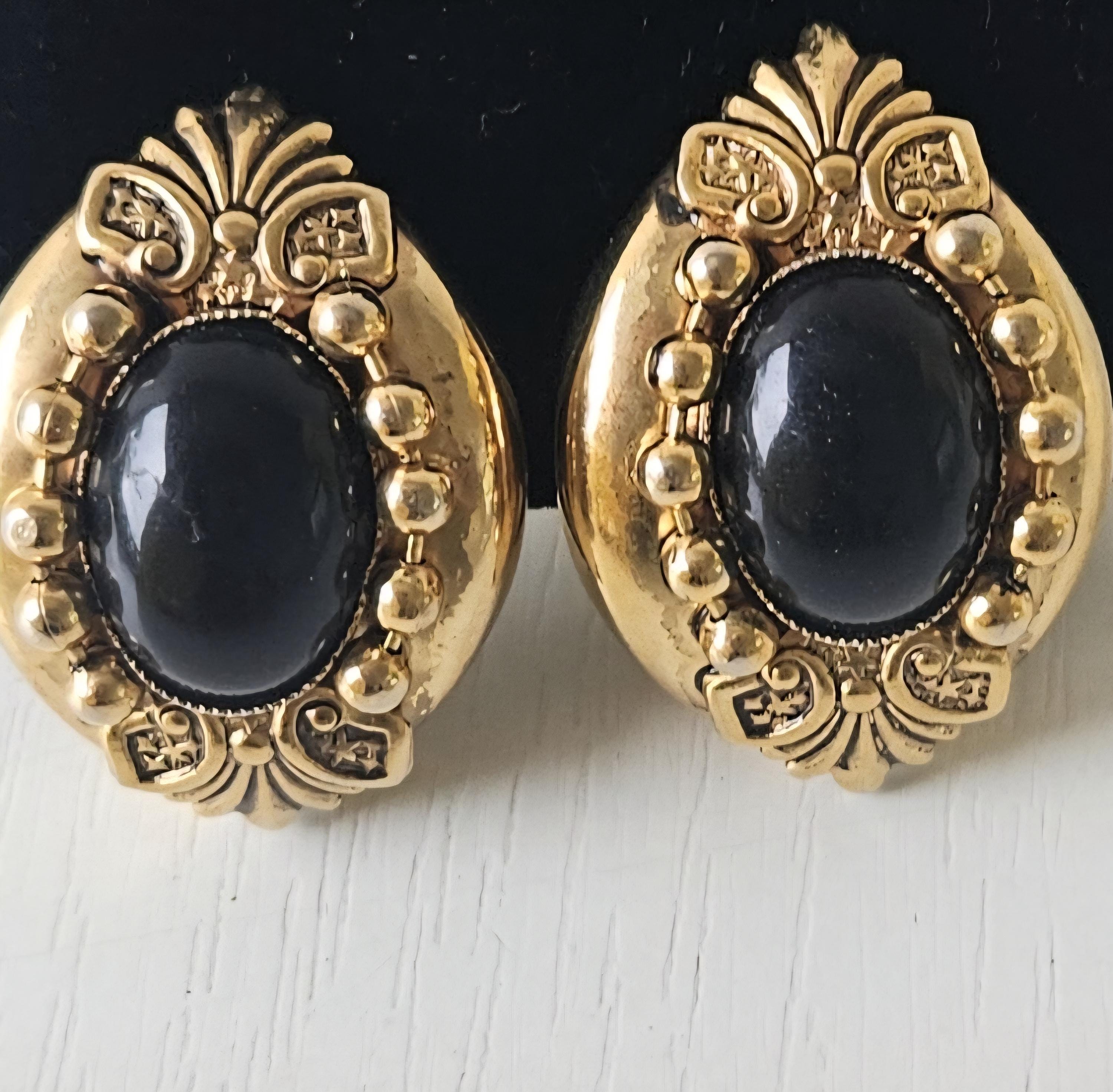 1980s Black Cabochon Clip-On Earrings: Gold Tone Statement Jewelry