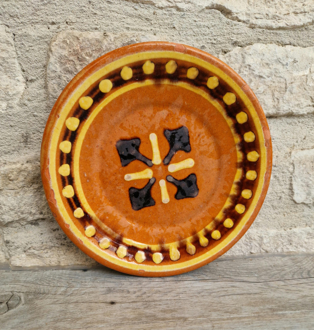 Vintage French Rustic BIOT Ceramic Double Cross Motif Dessert Plate