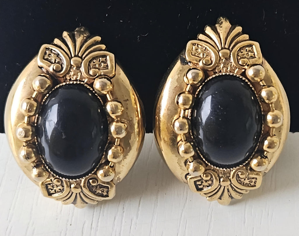 1980s Black Cabochon Clip-On Earrings: Gold Tone Statement Jewelry