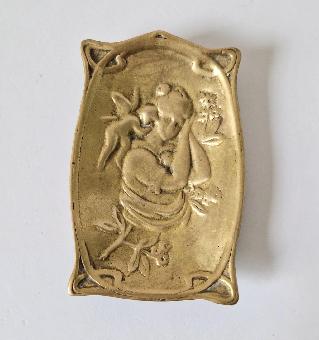 Antique Art Nouveau Jugendstil Heavy Cast Brass Sleeping Lady & Putti Pin Dish