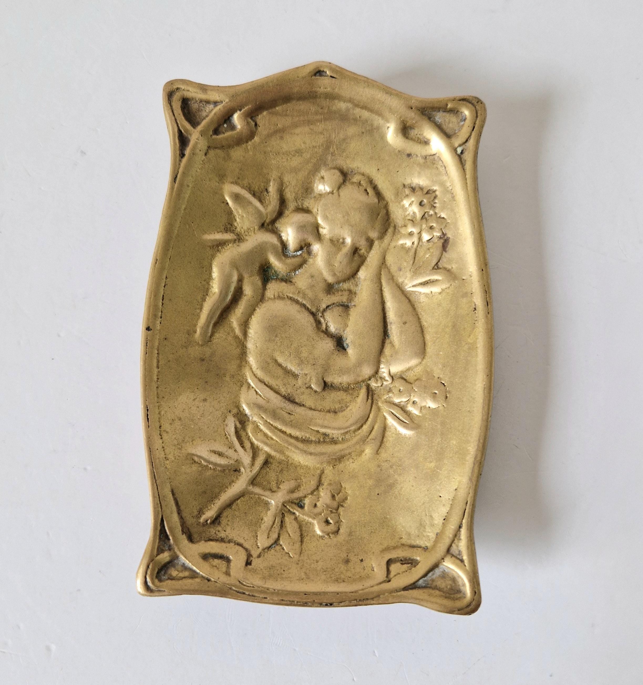 Antique Art Nouveau Jugendstil Heavy Cast Brass Sleeping Lady & Putti Pin Dish