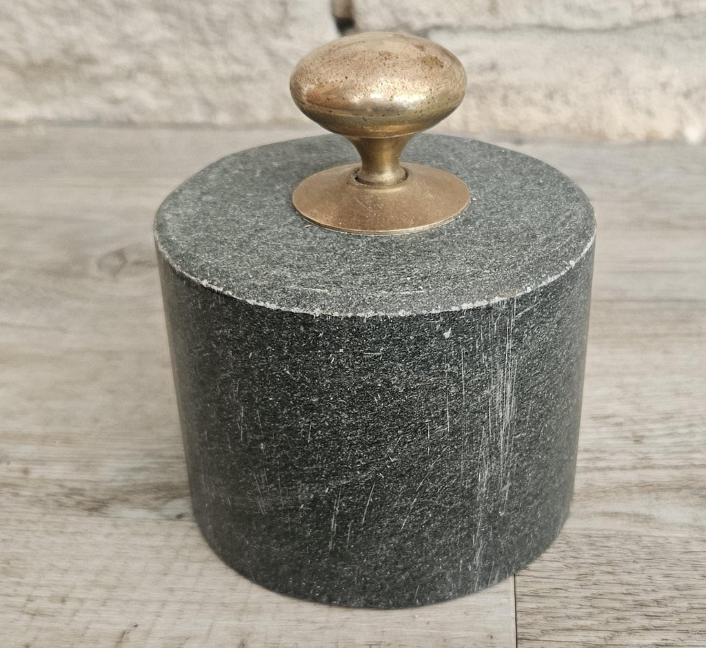 Original Mcm Green Stone Door Stop with Brass Handle Rustic Midcentury Circular Doorstop