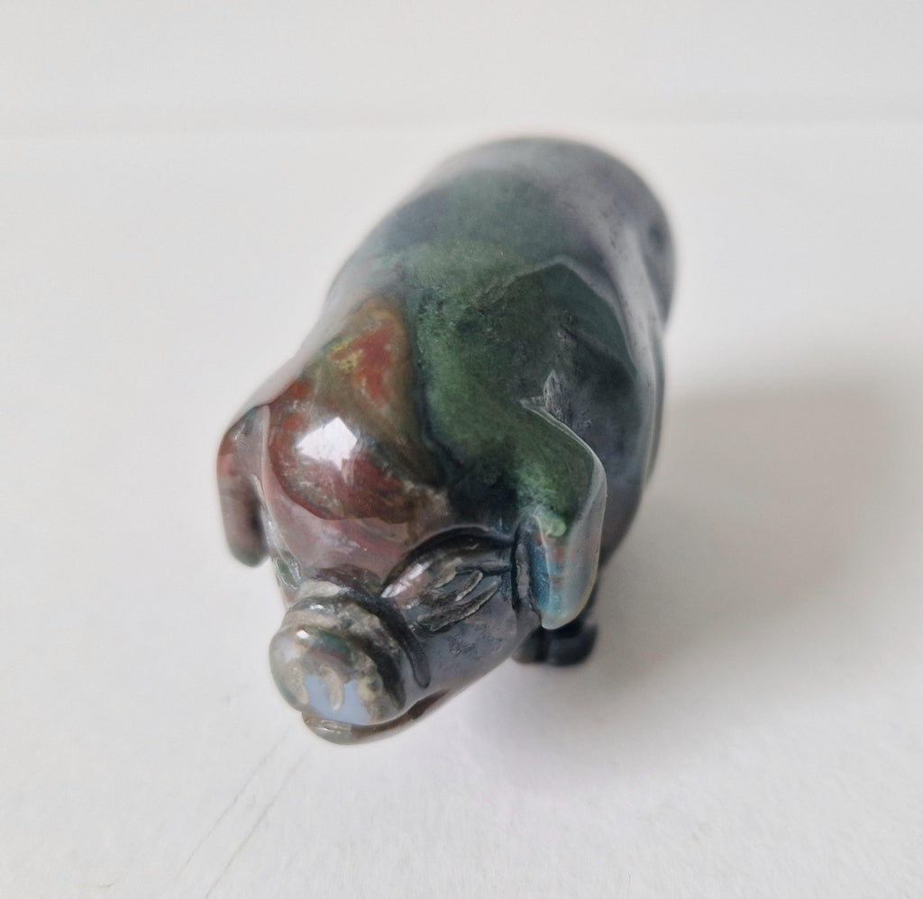 Vintage Fine Carved Moss Agate Standing Pig Figure Ornament 6.3cm