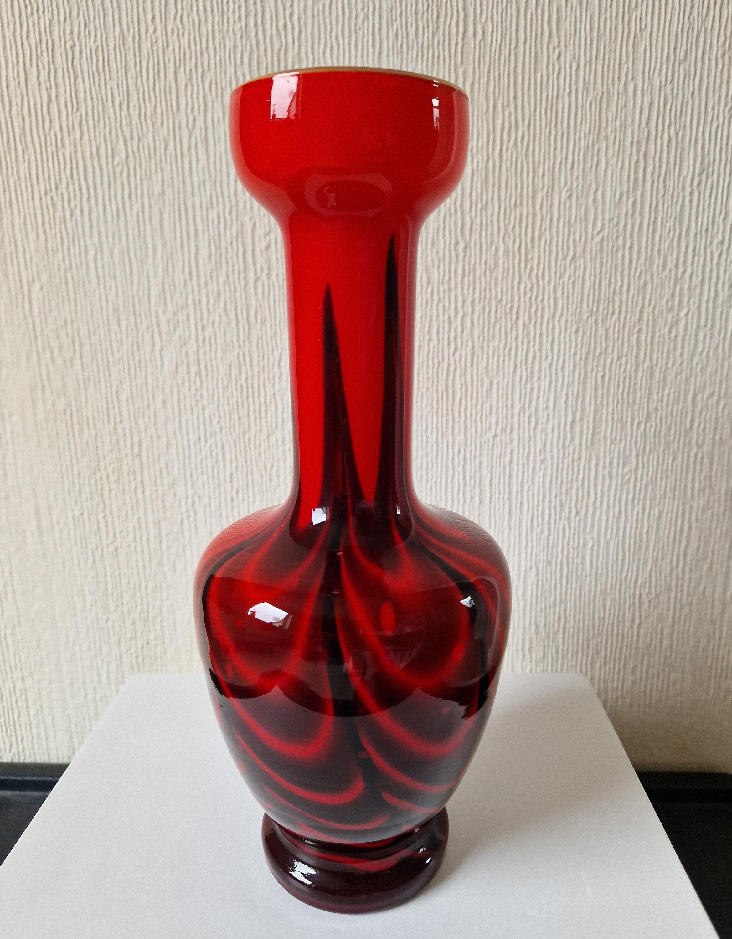 Vintage Striking Carlo Moretti Red & Black Opaline Glass Vase  Mid-Century Florence