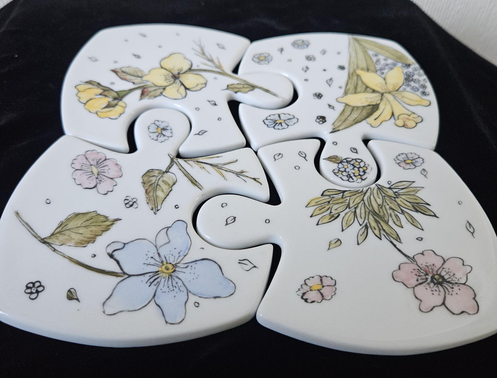 Vintage French Floral Ceramic Coasters: Jigsaw Puzzle Trivet
