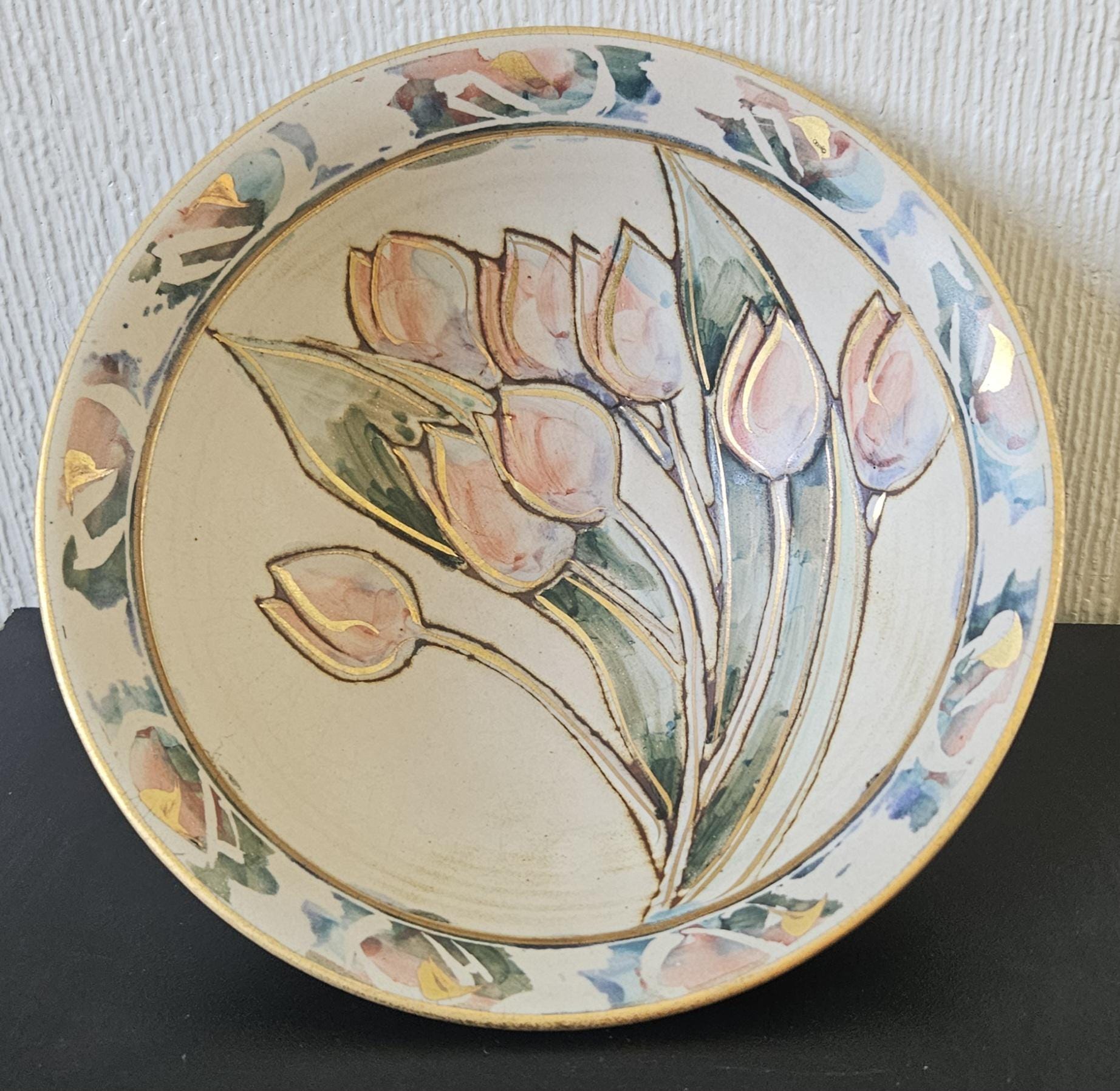 Vintage Tulip Flower Pottery Bowl Decorative Gold Gilt Handmade 21cm Diameter Signed