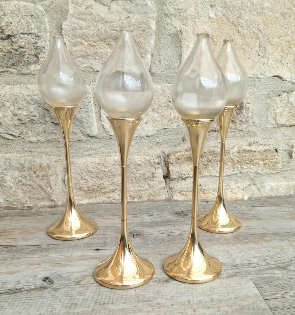Vintage 4 x Large Brass Freddie Andersen Clear Drop Oil Lamps Germany 1970