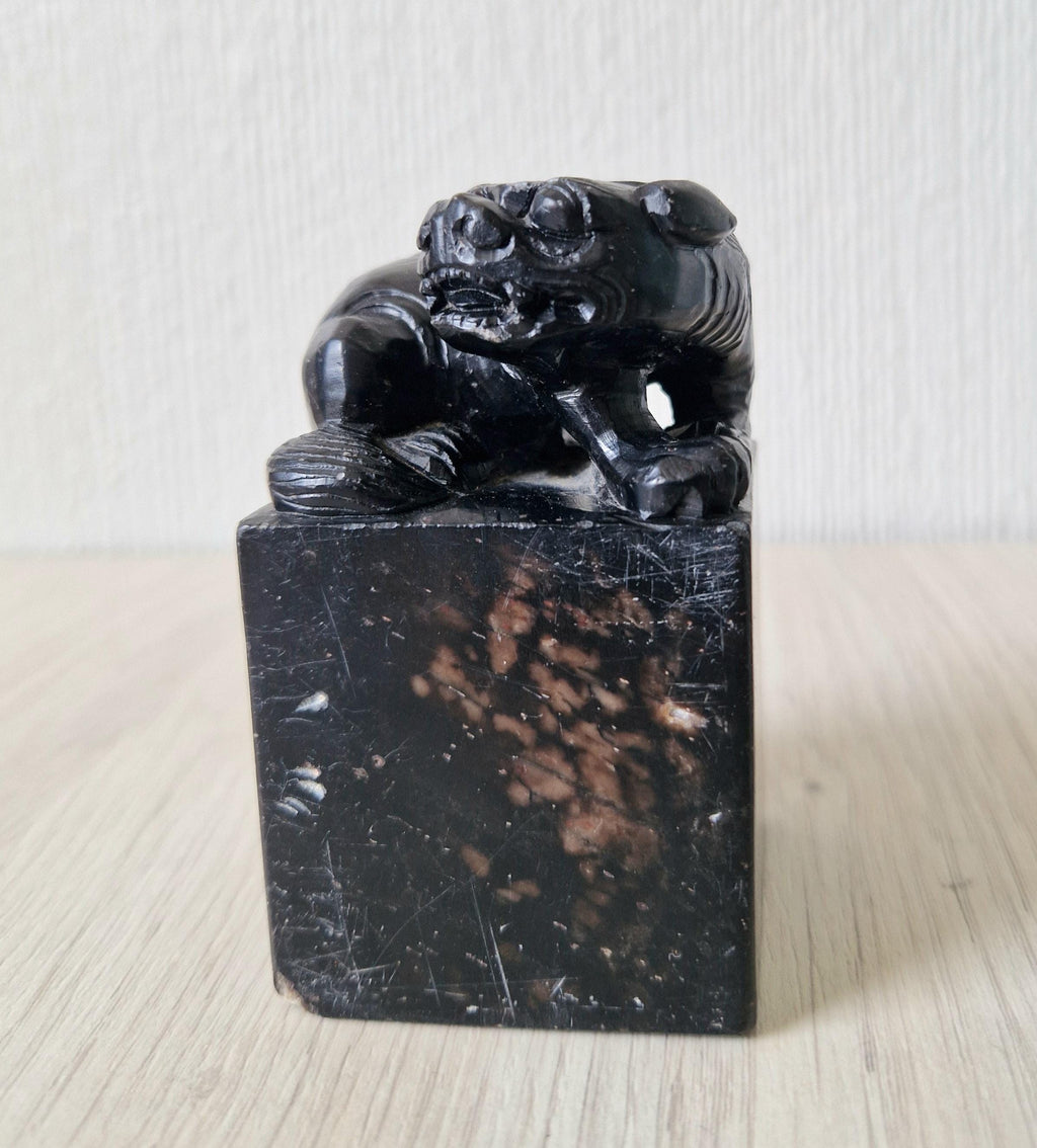 Antique Carved Black Hardstone Foo Dog Chinese Chop Block Seal 8.5cm