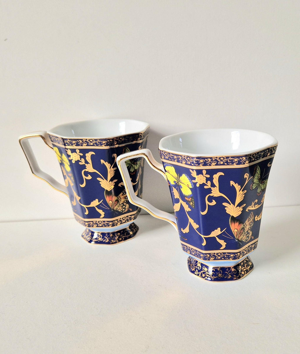 Vintage Butterfly Mugs Past Times Dark Blue & Gold, Set of 2