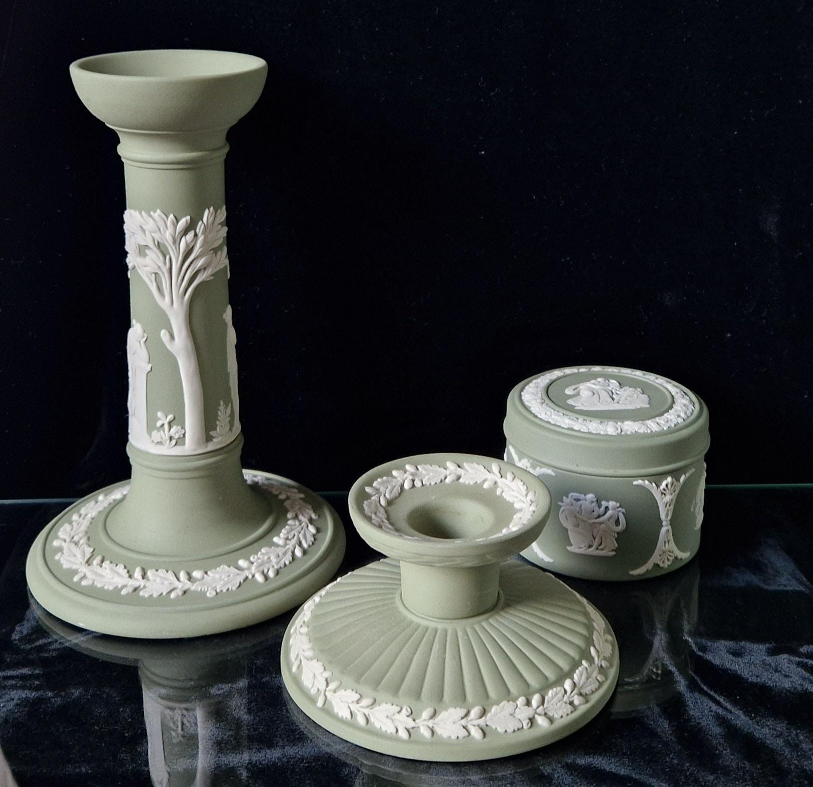 Vintage Wedgwood Sage Green Jasperware Neo Classical Candlestick Trinket Jar Set.