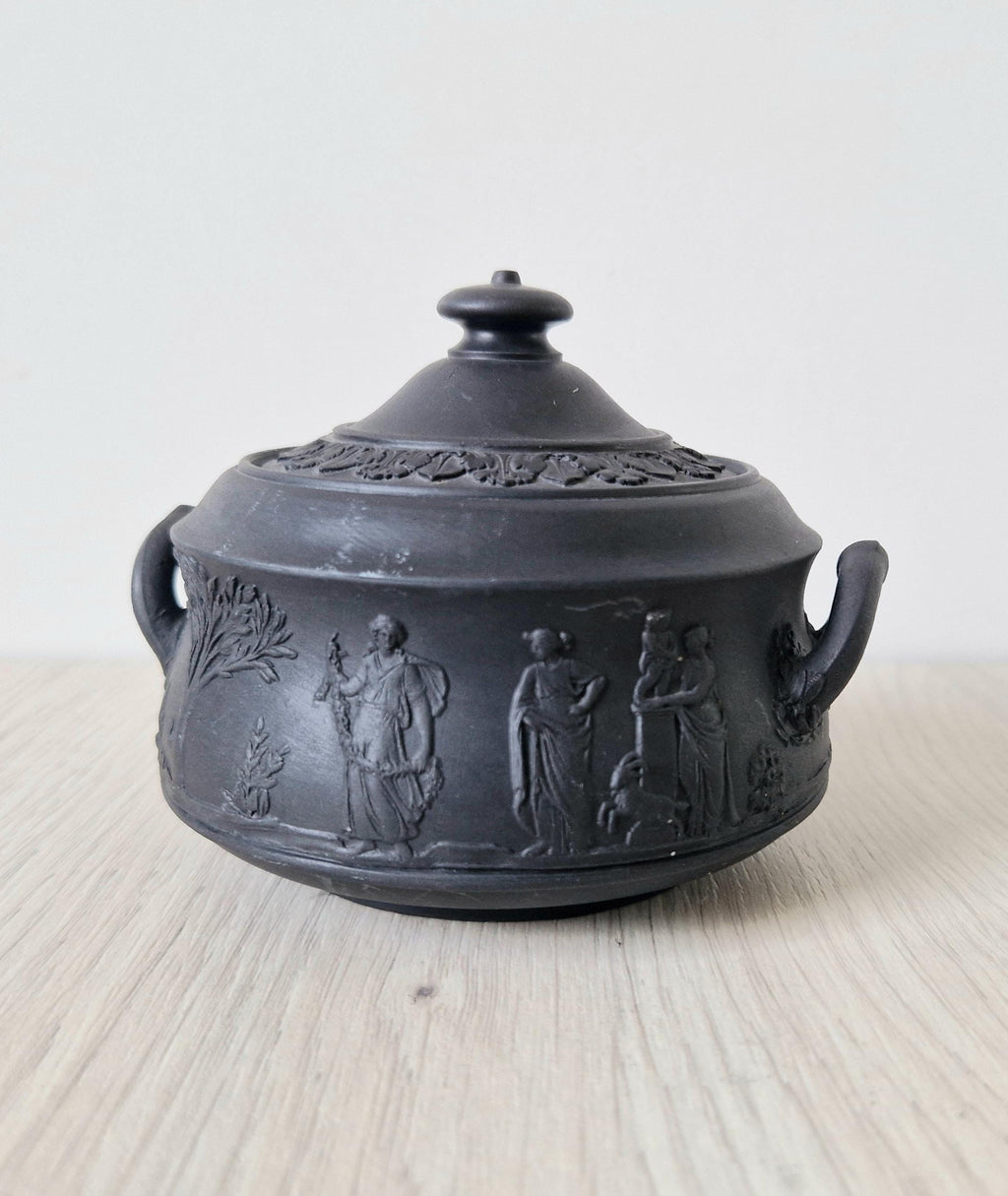 Vintage Black Basalt Wedgwood Neo-Classical Twin Handle Lidded Sugar Box