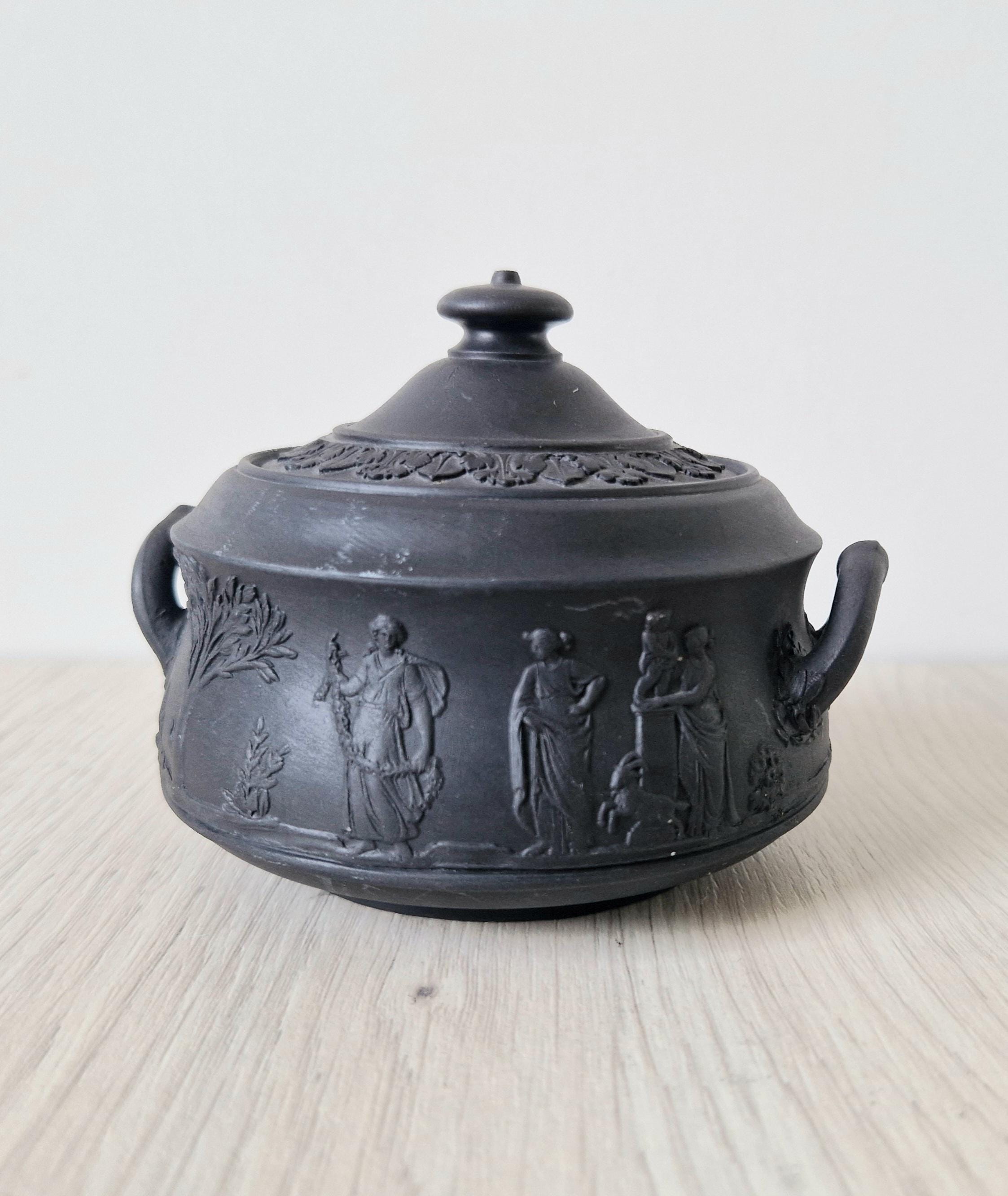 Vintage Black Basalt Wedgwood Neo-Classical Twin Handle Lidded Sugar Box