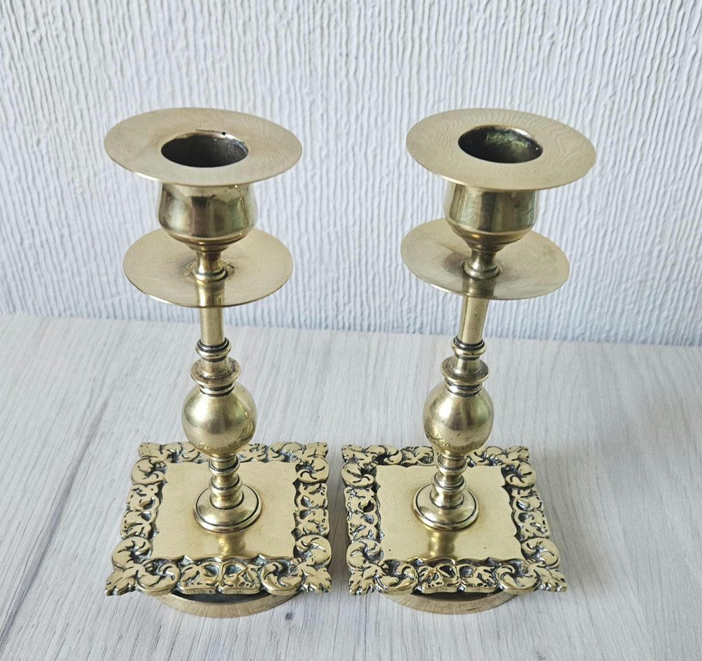 Vintage Small Ornate Brass Candlesticks Matching Pair of Gold Brass Heavy Quality 14cm Tall